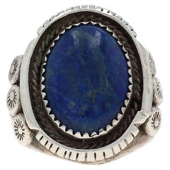 Native American Signed BB Navajo Sterling Lapis Cocktail Solitaire Ring 925 Sz8