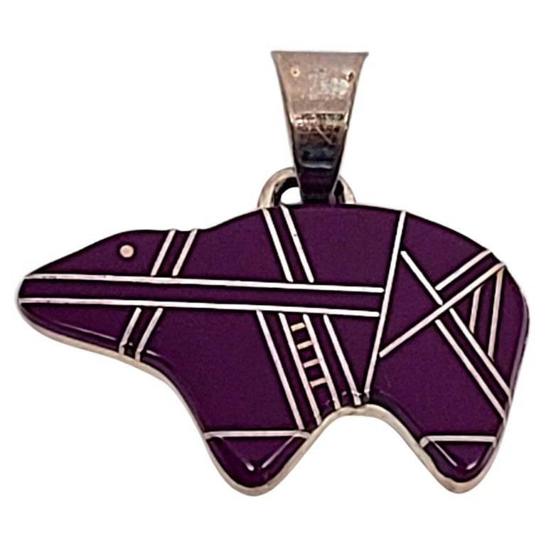 Native American Signed CE Sterling Silver Suglite Inlay Bear Pendant ...