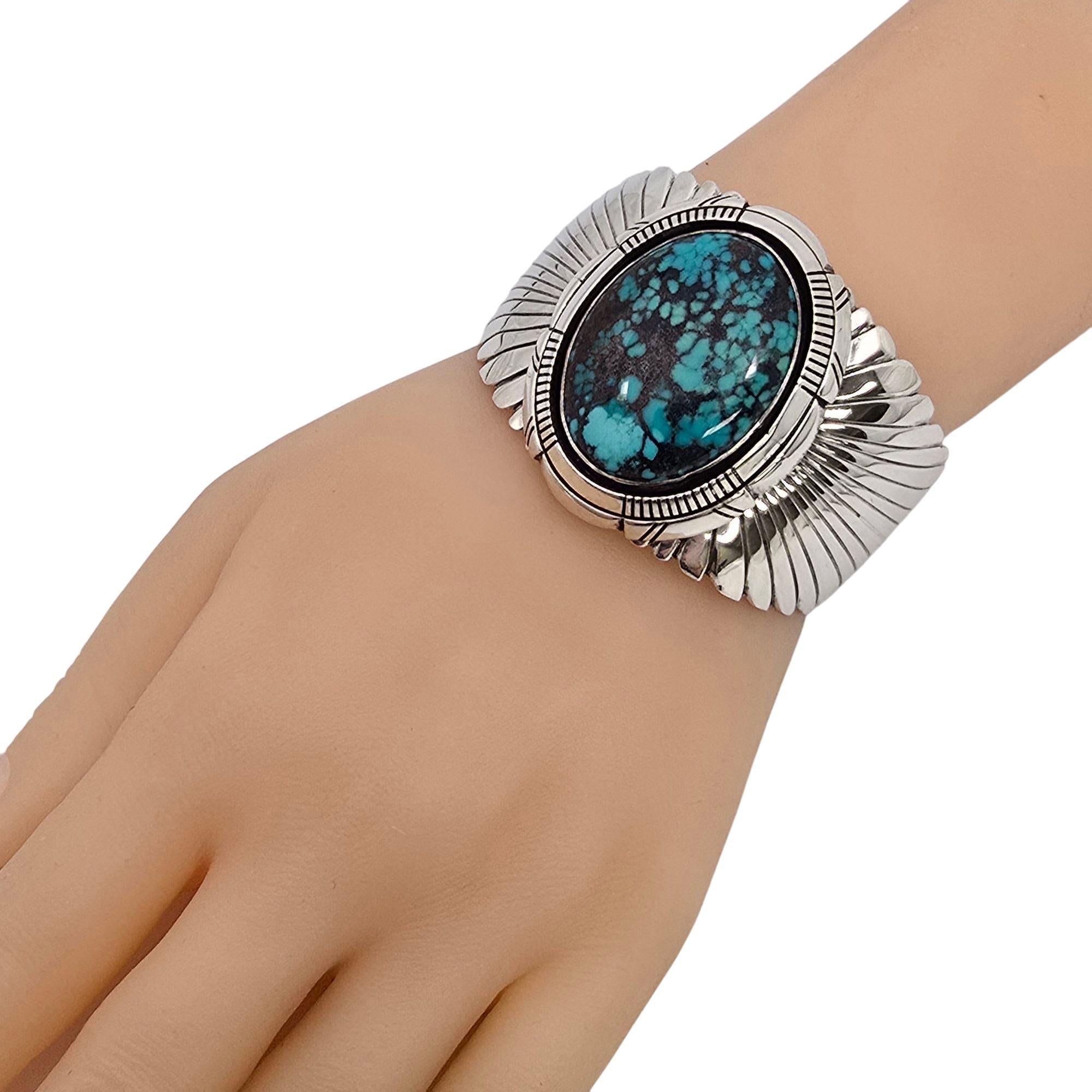 Native American Signed DD Wide Sterling Silver Turquoise Cuff Bracelet #20912 5