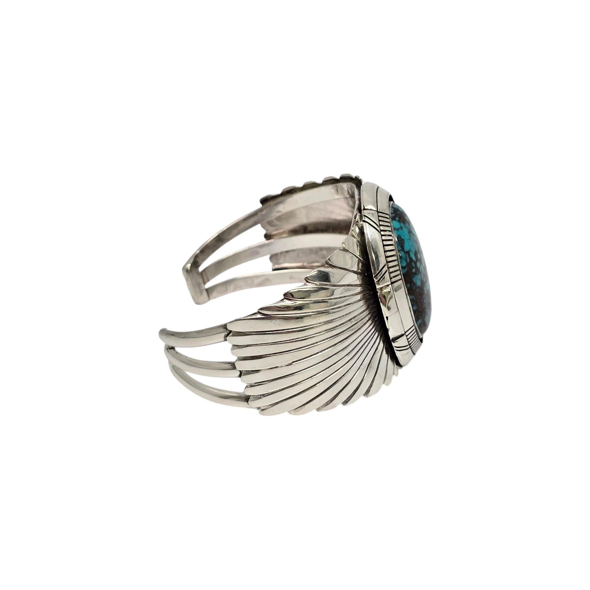 Native American Signed DD Wide Sterling Silver Turquoise Cuff Bracelet #20912 In Good Condition In Washington Depot, CT