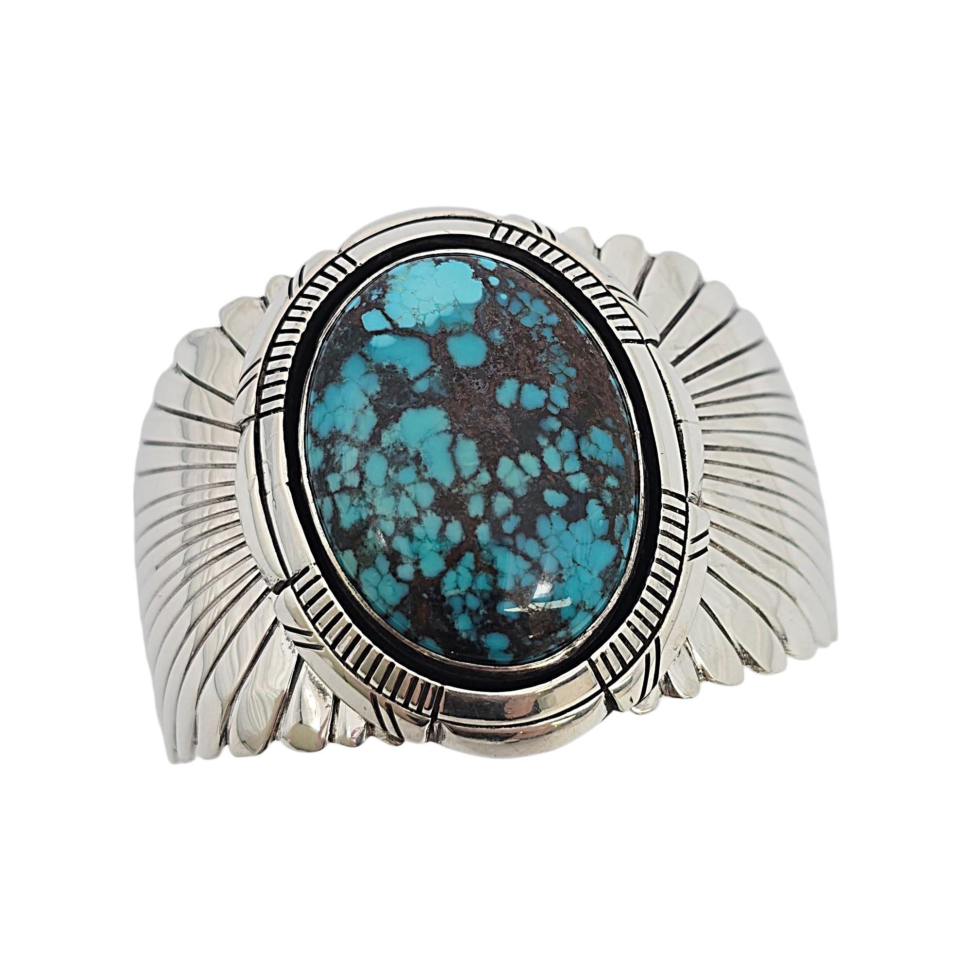 Native American Signed DD Wide Sterling Silver Turquoise Cuff Bracelet #20912 1