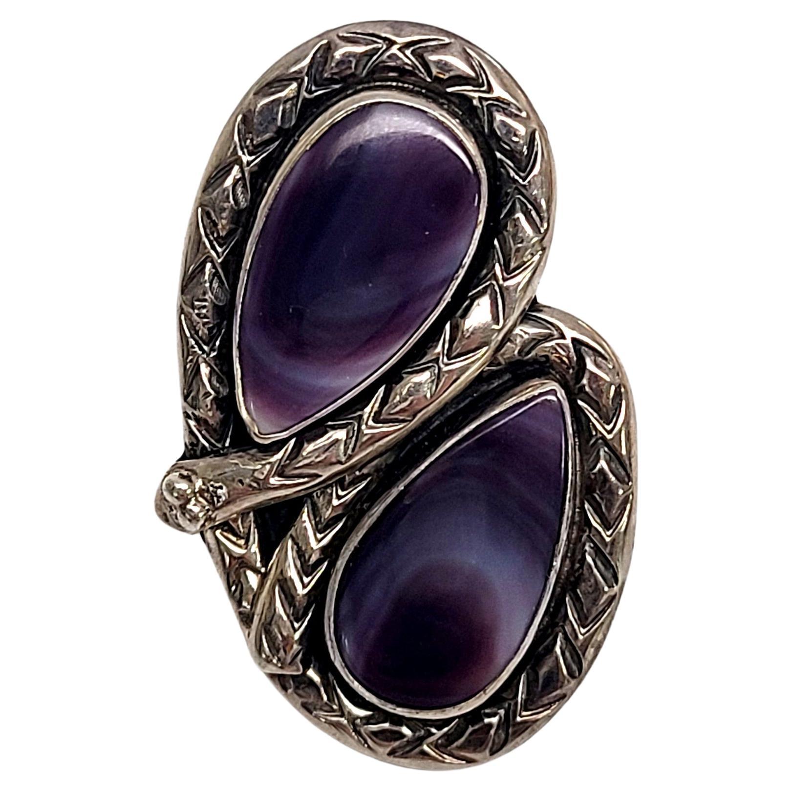 Native American Signed HTS Sterling Silver Purple Cabochon Snake Ring