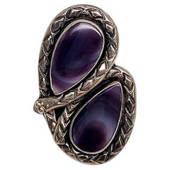 Vintage Native American Signed HTS Sterling Silver Purple Cabochon Snake Ring
