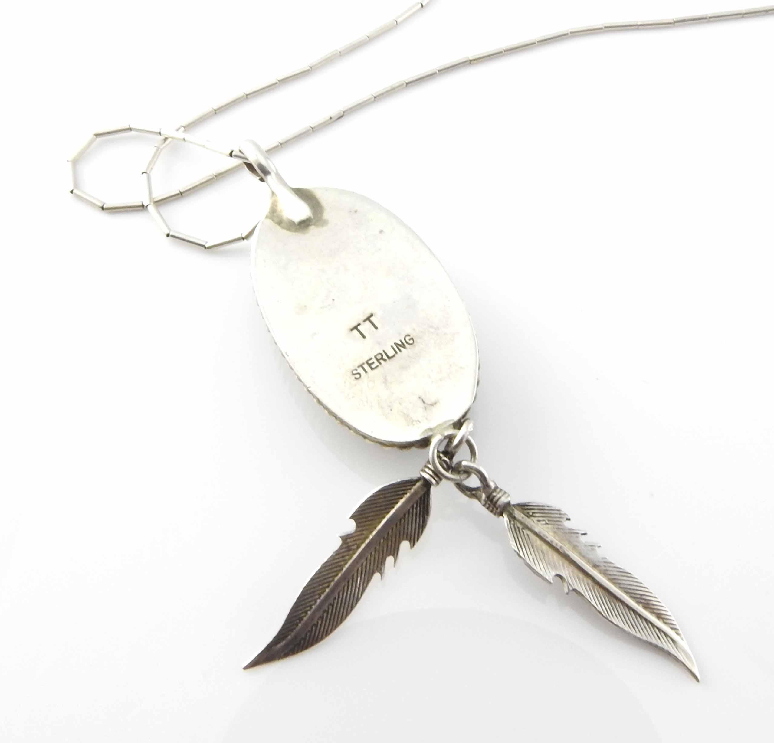 Cabochon Native American Signed K Black Onyx Sterling Silver Feathers Necklace