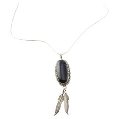 Native American Signed K Black Onyx Sterling Silver Feathers Necklace