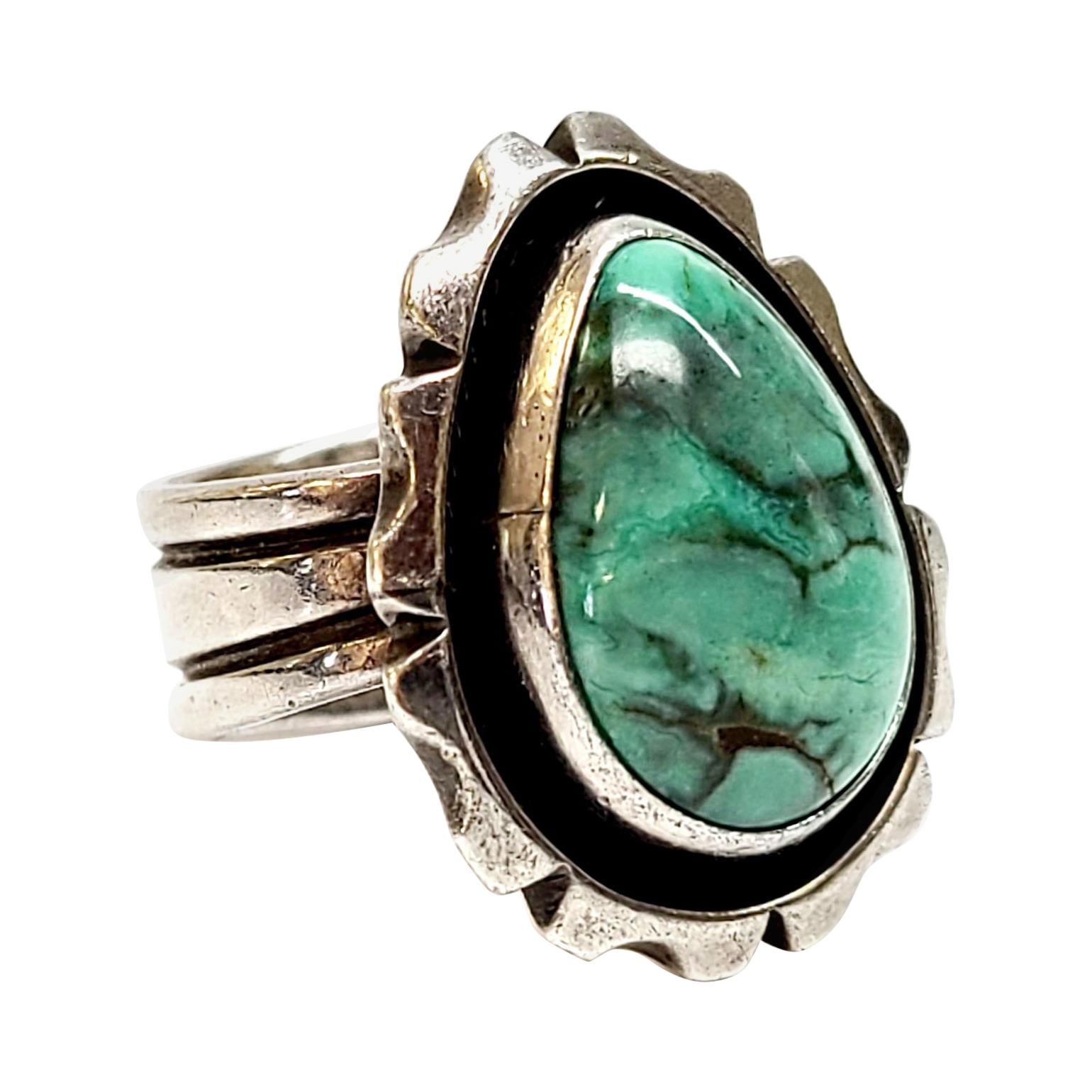 Signed Handmade Vintage Native American Sterling Silver & Turquoise Inlay Turquoise Ring