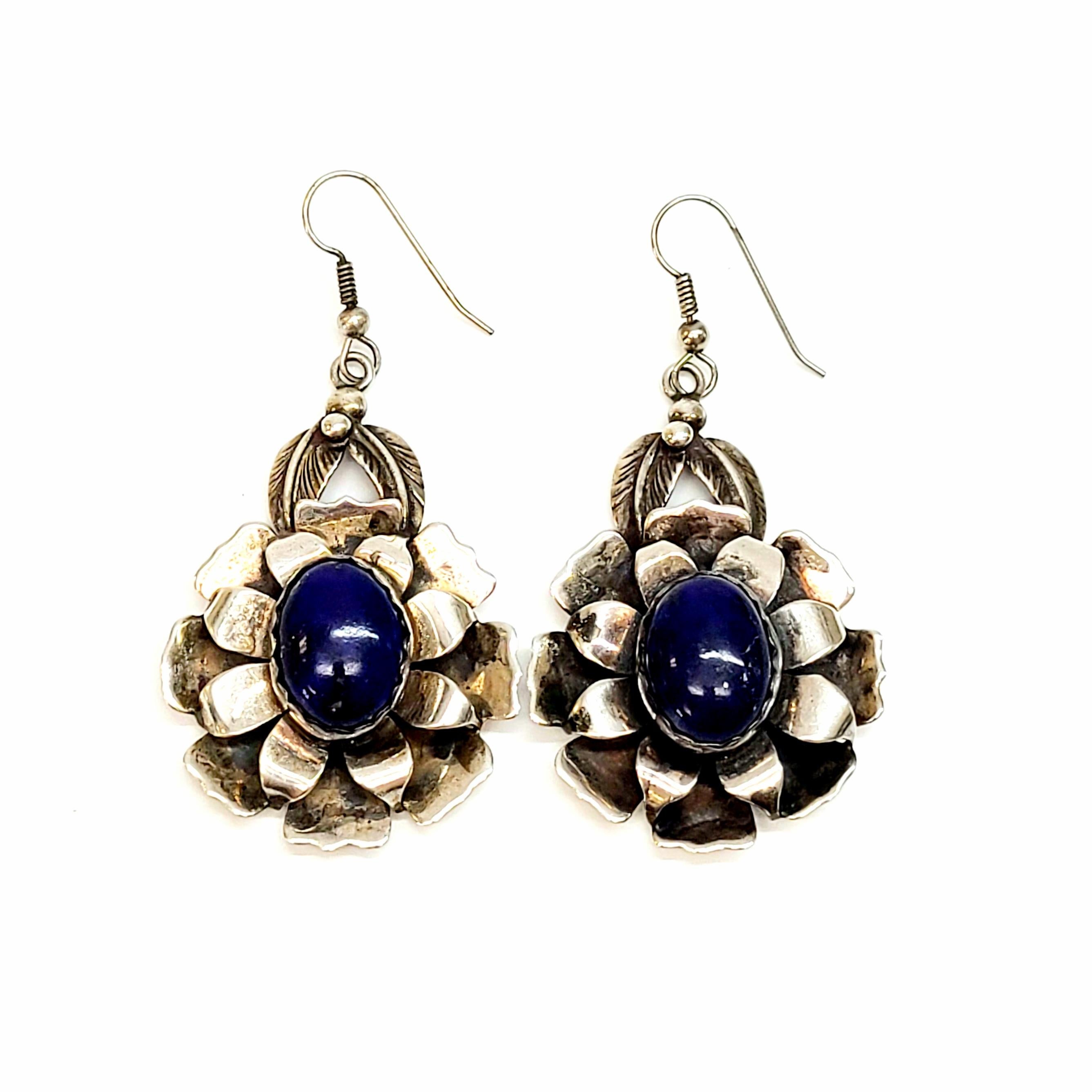Native American Signed ND Sterling Silver Lapis Lazuli Flower Earrings 1