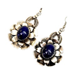 Native American Signed ND Sterling Silver Lapis Lazuli Flower Earrings