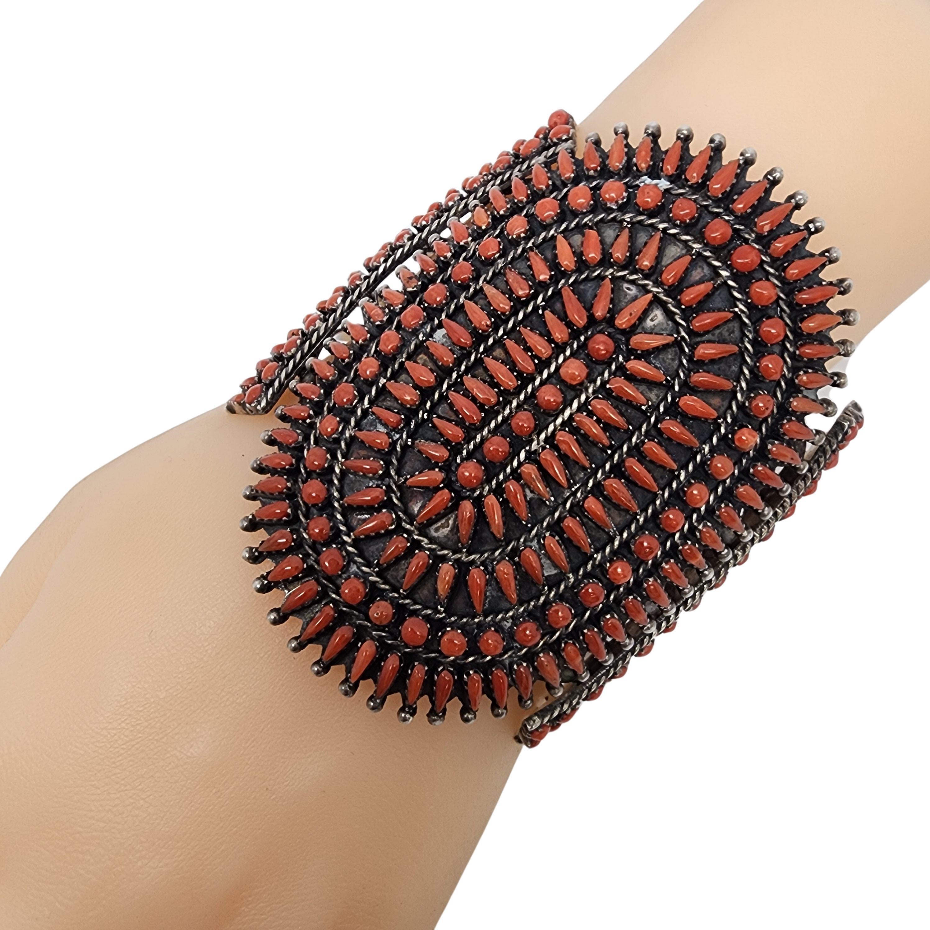 Native American Silver and Coral Petit Point Large Cuff Bracelet #17665 5