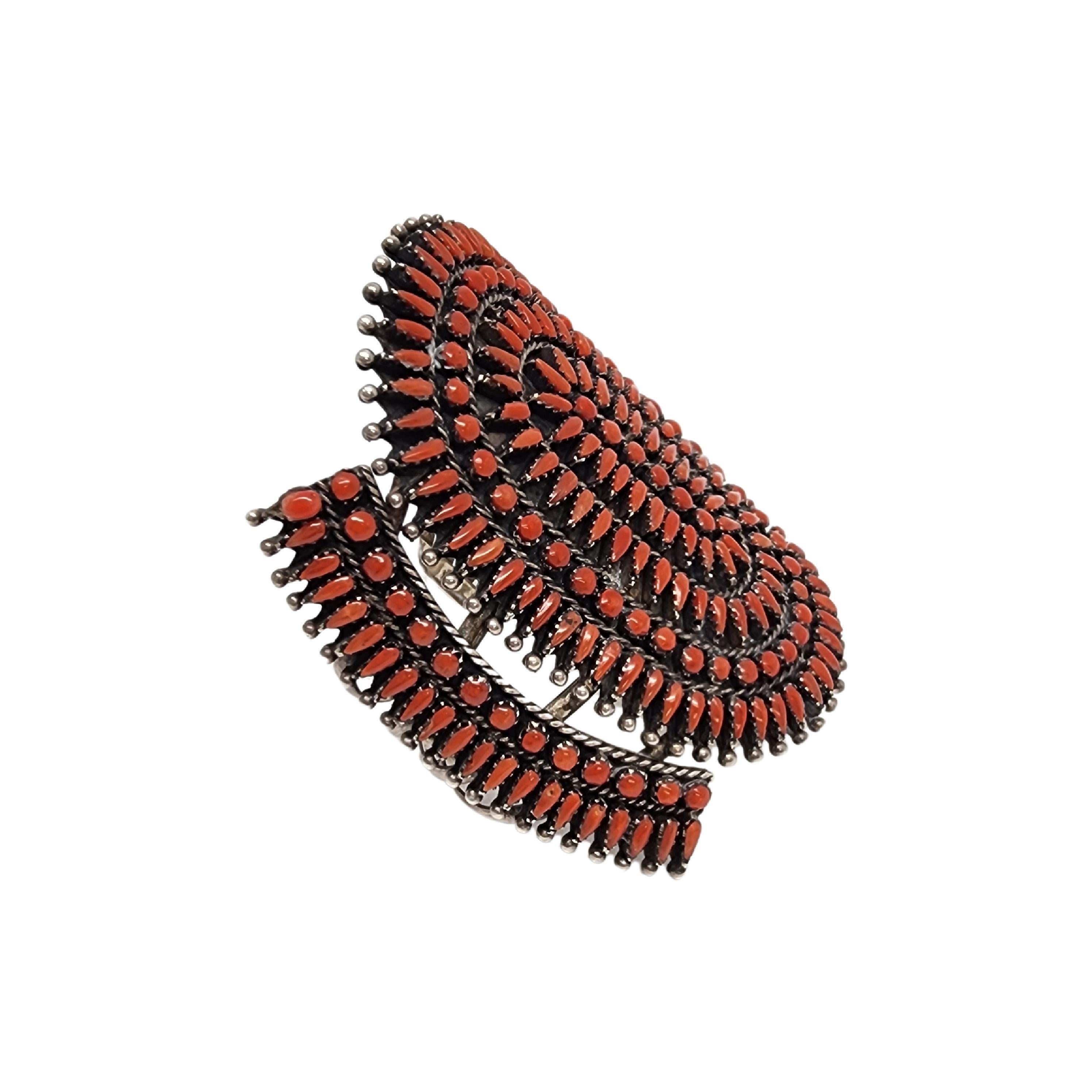 Native American Silver and Coral Petit Point Large Cuff Bracelet #17665 In Good Condition In Washington Depot, CT