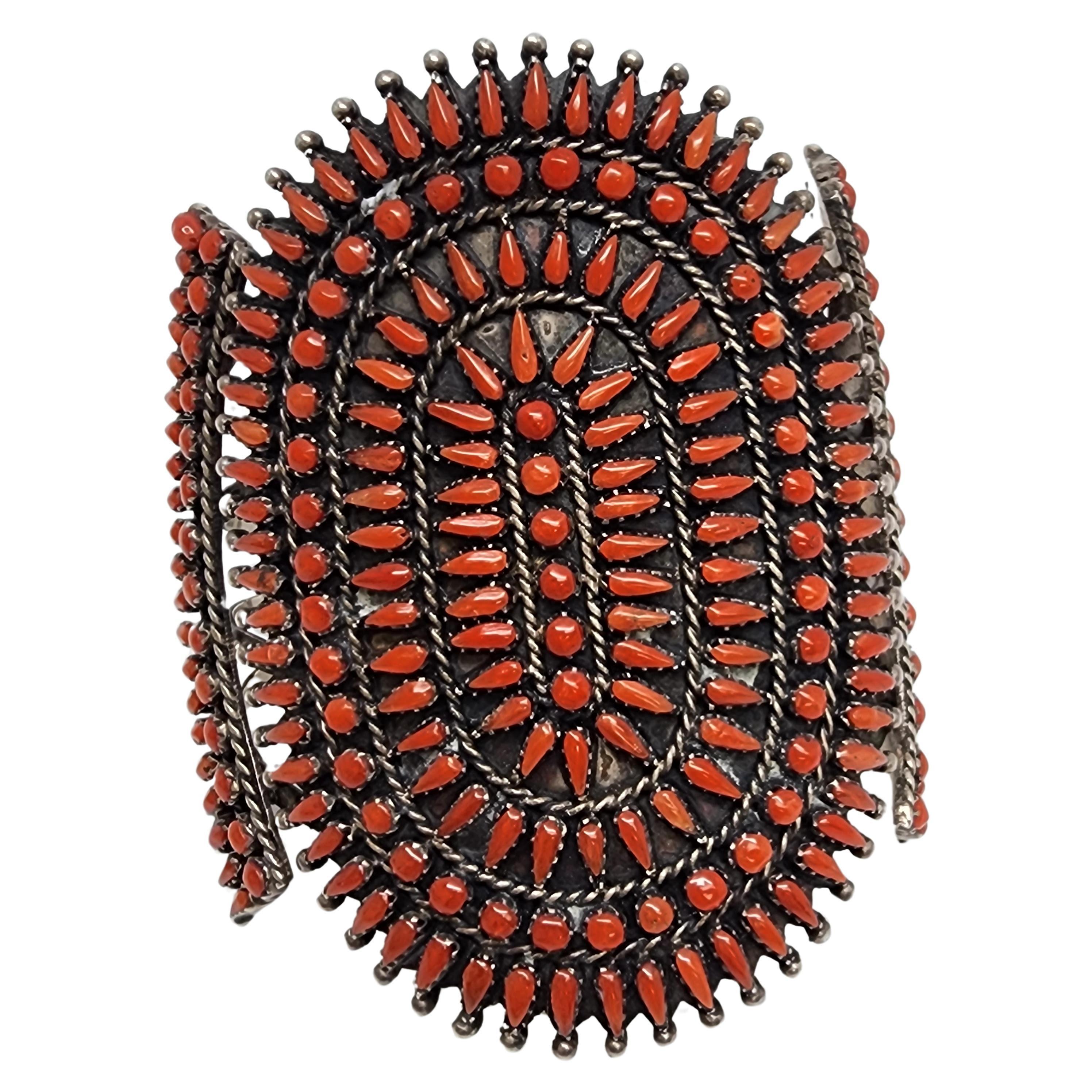 Native American Silver and Coral Petit Point Large Cuff Bracelet #17665 1