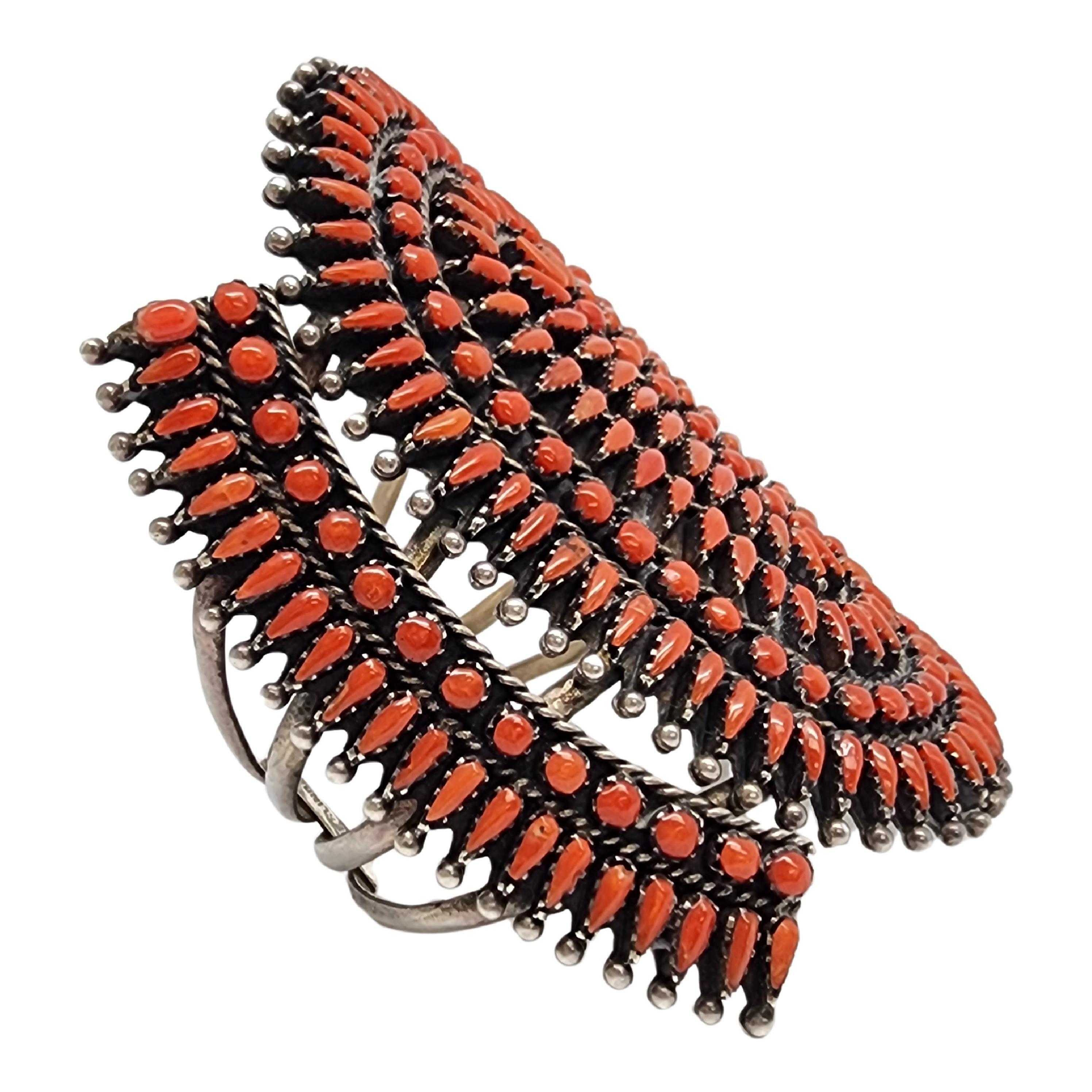 Native American Silver and Coral Petit Point Large Cuff Bracelet #17665 2