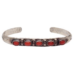 Native American Silver and Coral Thin Cuff Bracelet #17670