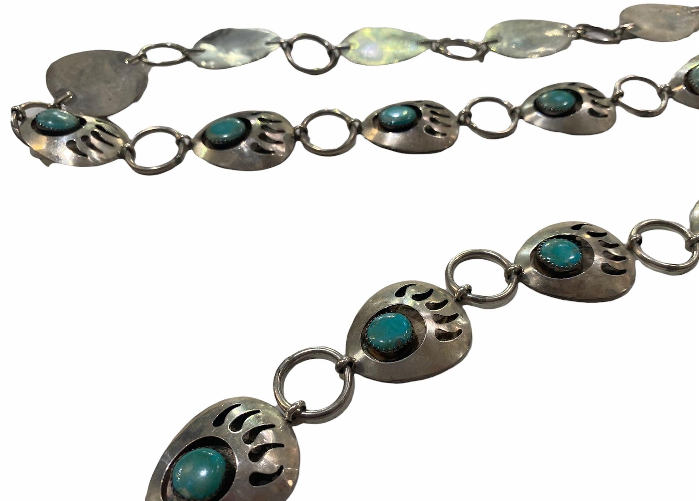 Native American Silver and Turquoise Bear Claw Belt In Excellent Condition For Sale In Los Angeles, CA