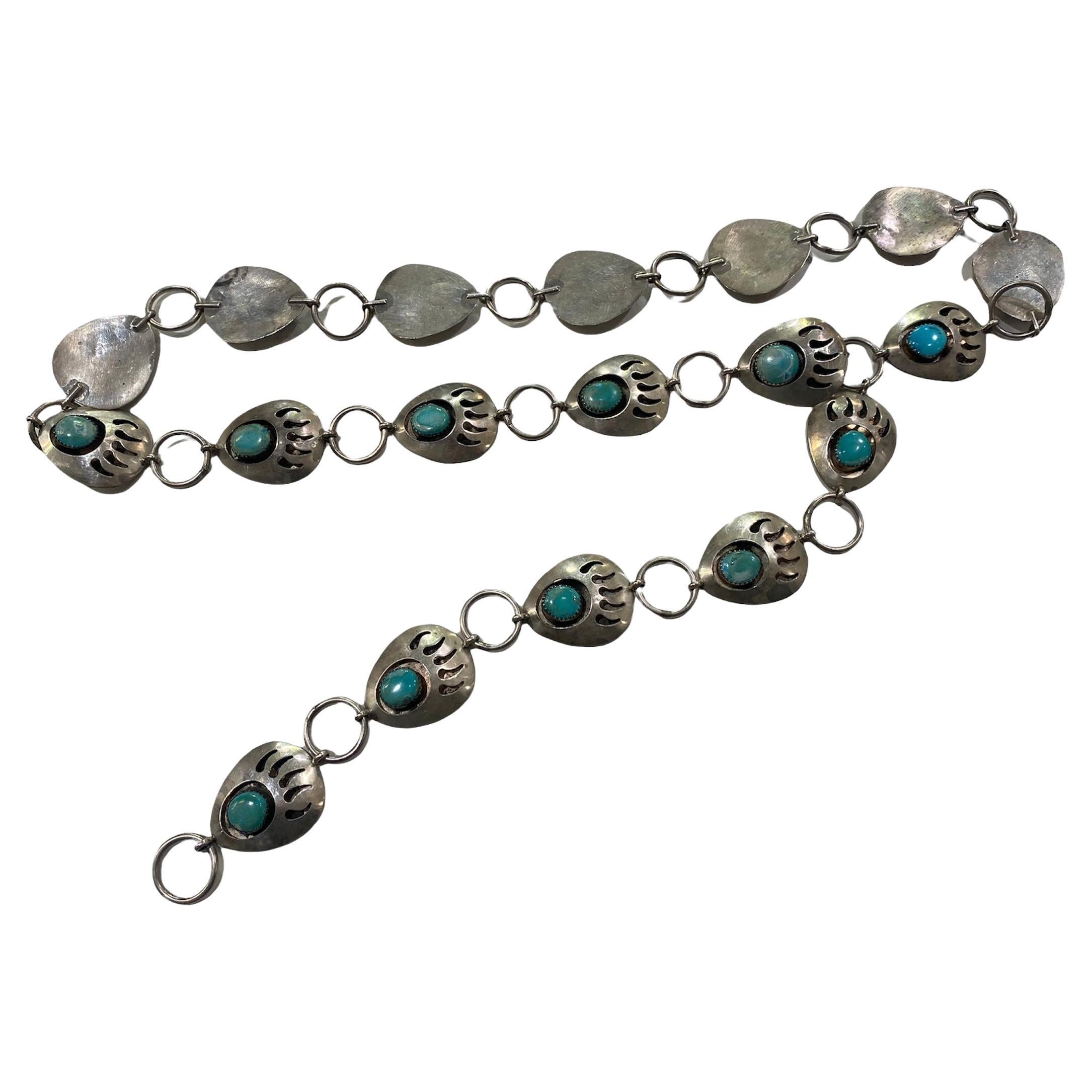Native American Silver and Turquoise Bear Claw Belt For Sale