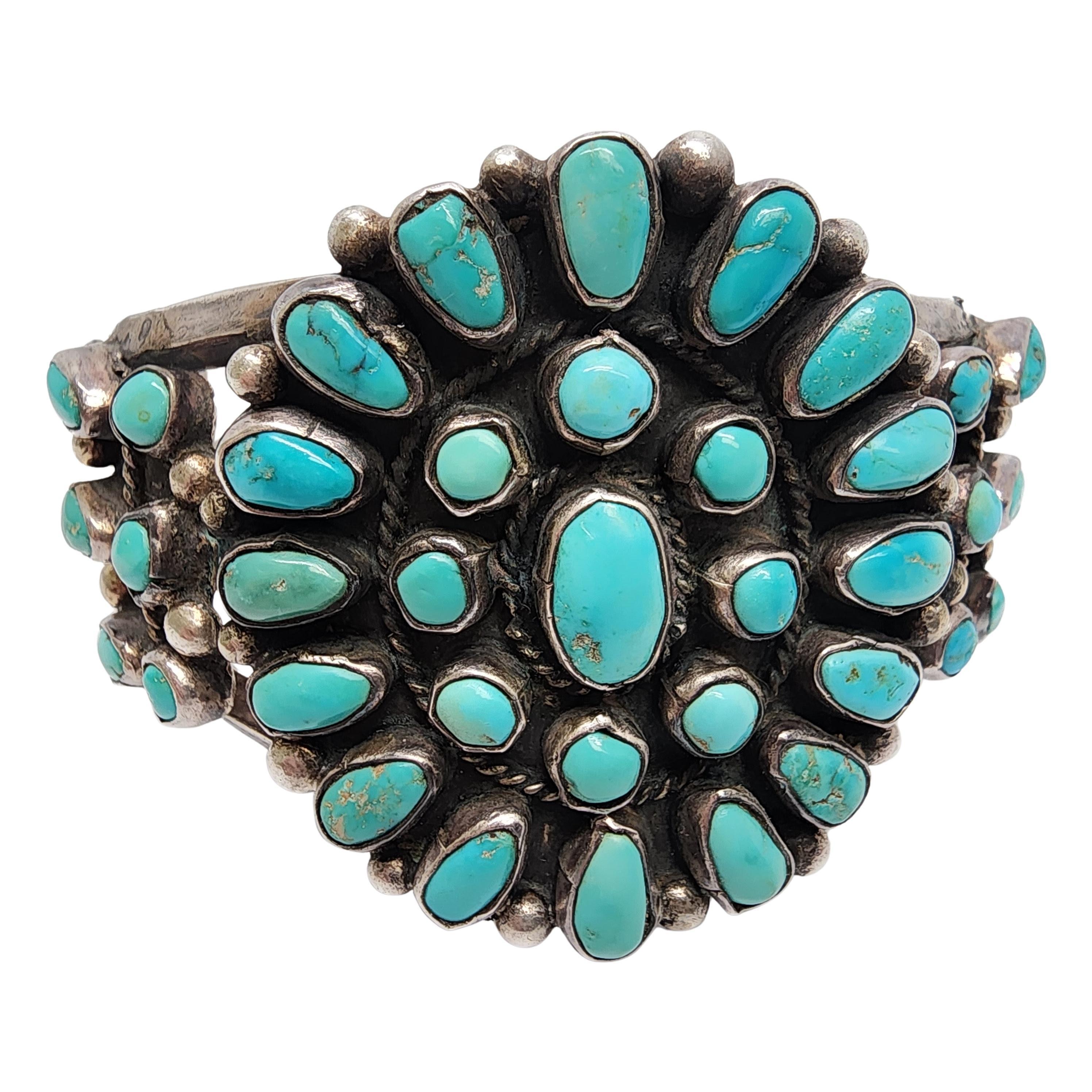 Native American Silver and Turquoise Cluster Large Cuff Bracelet #17666 2