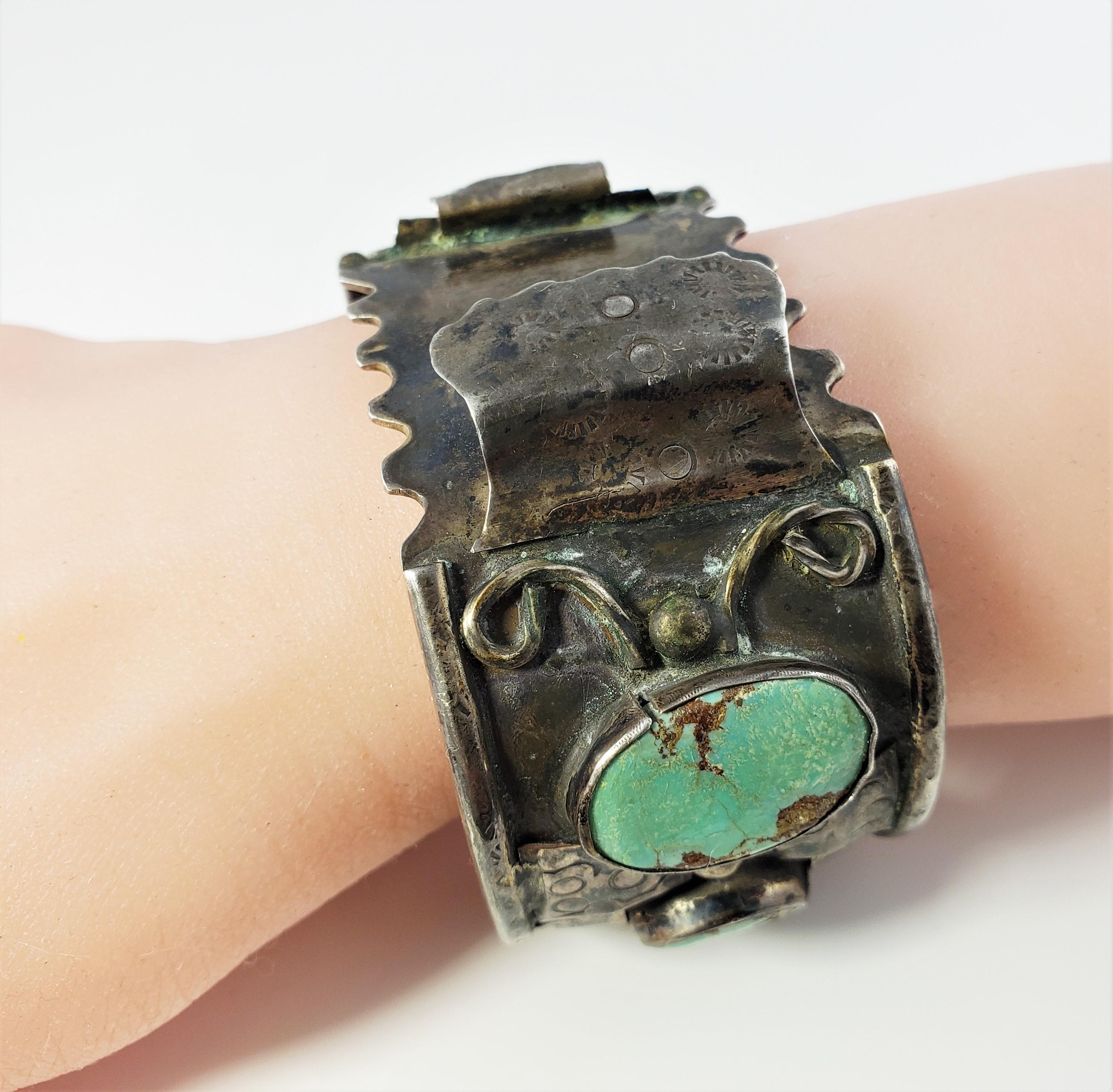 Native American Silver and Turquoise Watch Cuff In Good Condition For Sale In Washington Depot, CT