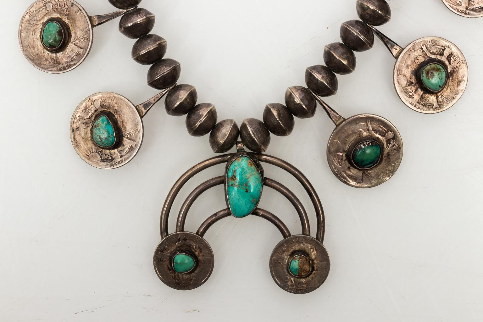 Native American Silver Coin Squash Blossom Necklace, circa 1930s 4