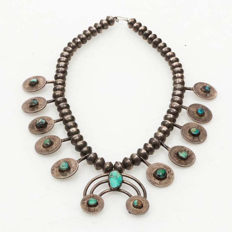 Native American Silver Coin Squash Blossom Necklace, circa 1930s at 1stDibs