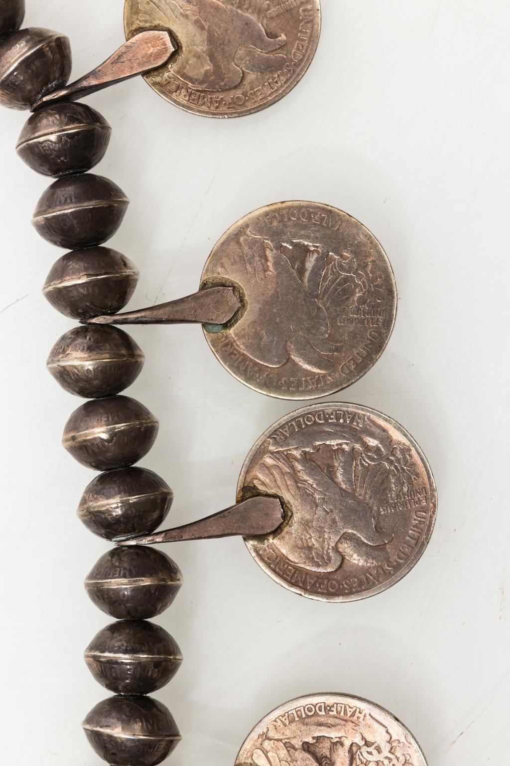 Native American Silver Coin Squash Blossom Necklace, circa 1930s 1