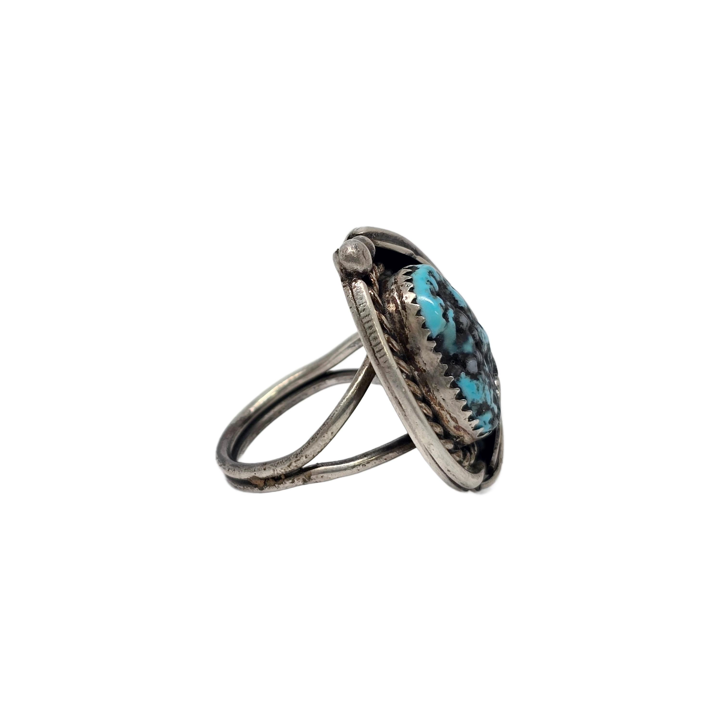 Native American Silver Feather Turquoise Ring Size 7 3/4 #19872 In Good Condition For Sale In Washington Depot, CT