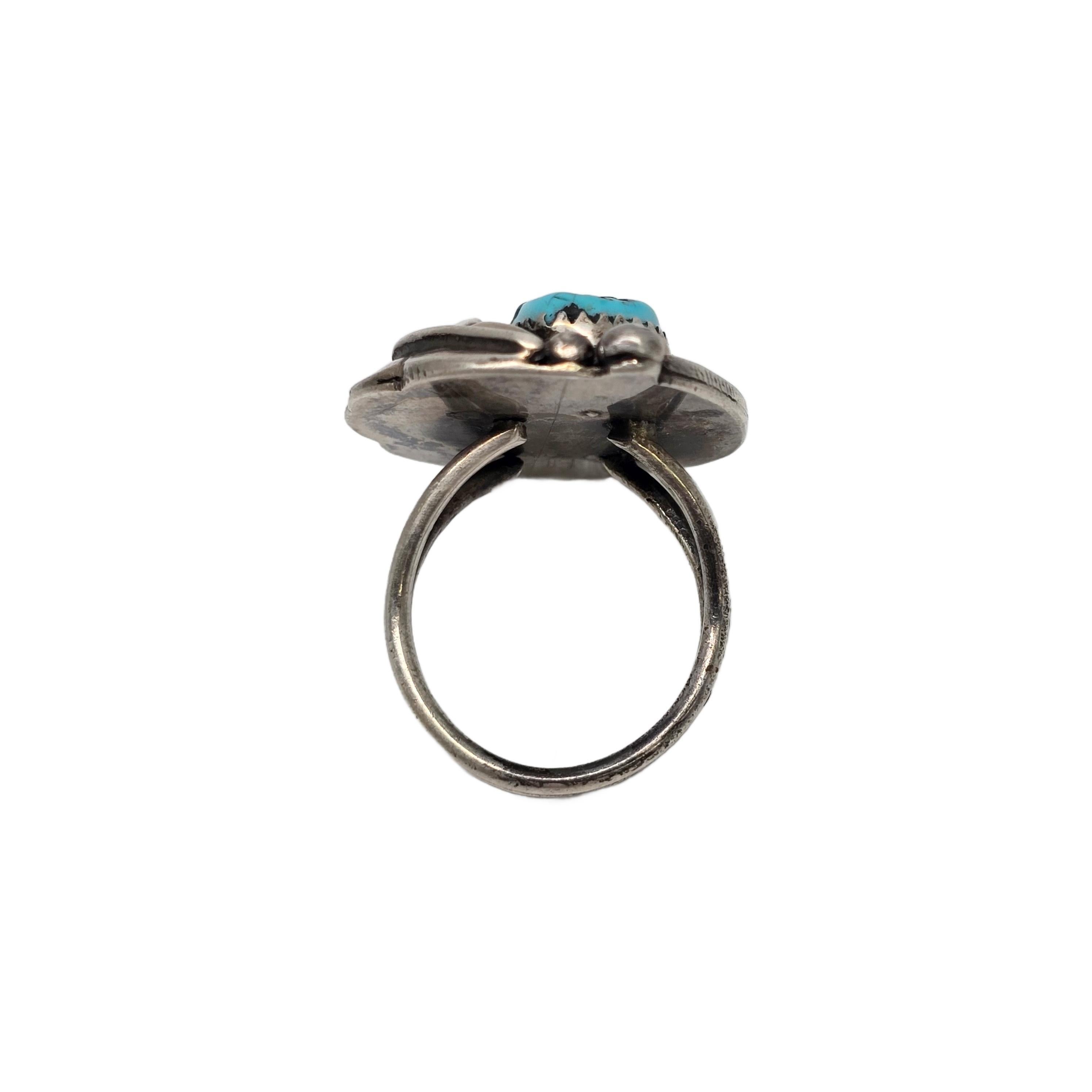 Women's Native American Silver Feather Turquoise Ring Size 7 3/4 #19872 For Sale