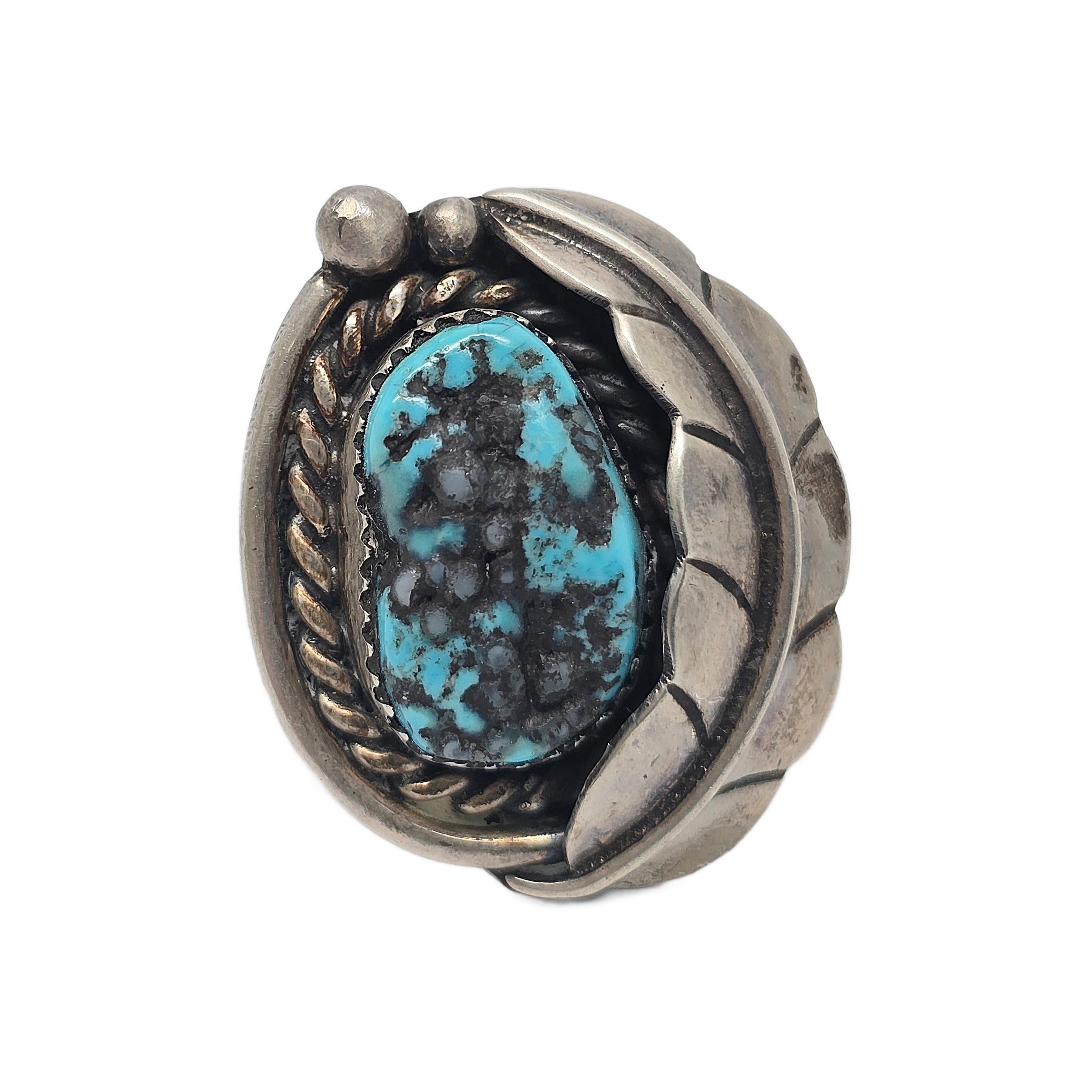 Native American Silver Feather Turquoise Ring Size 7 3/4 #19872 For Sale 1