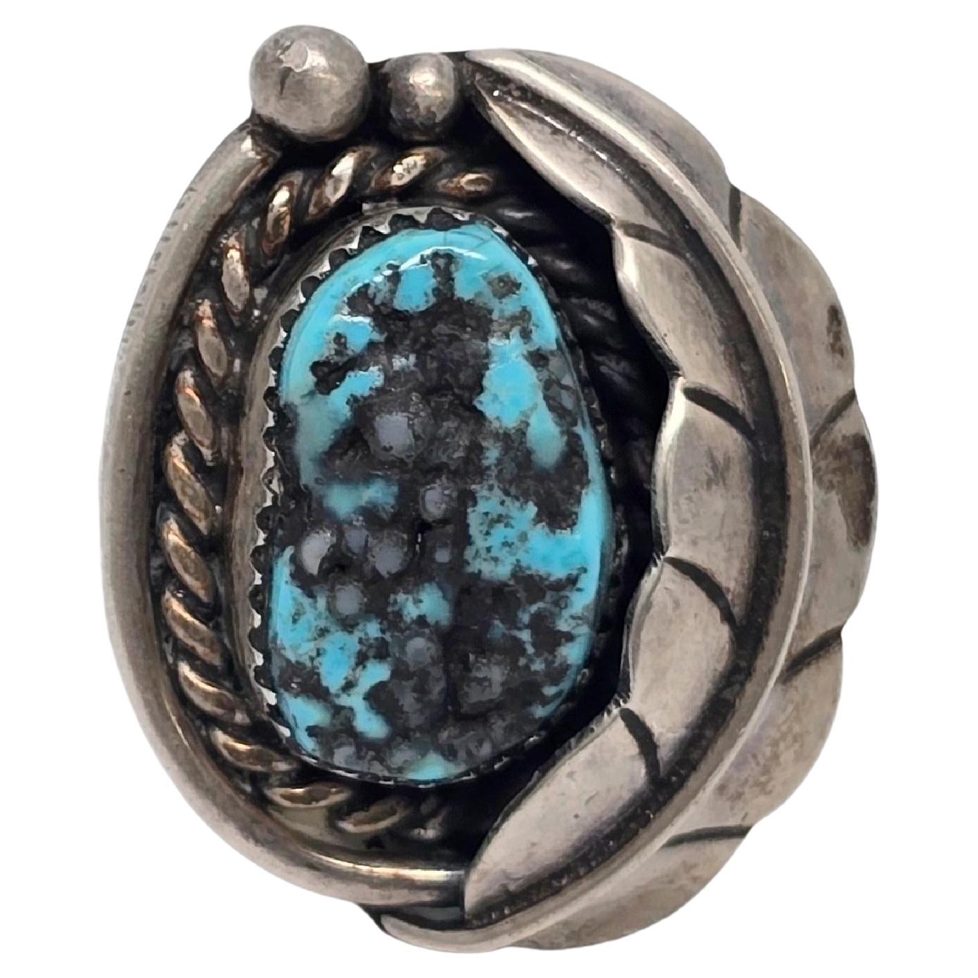 Native American Silver Feather Turquoise Ring Size 7 3/4 #19872