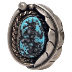 Native American Silver Feather Turquoise Ring Size 7 3/4 #19872