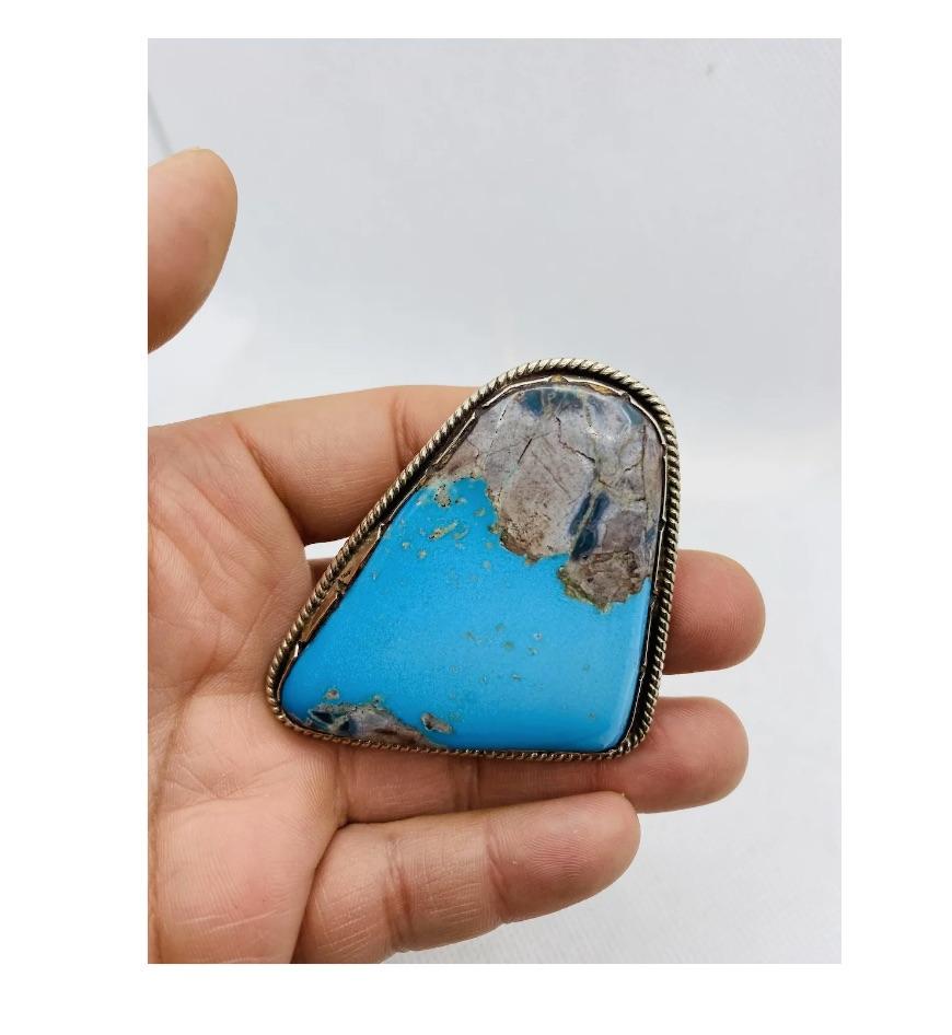 Mixed Cut  Native American Silver Large Turquoise Brooch Pendant For Sale