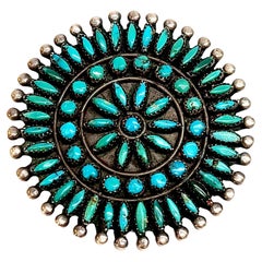 Vintage Native American Silver Needlepoint Turquoise Round Pin