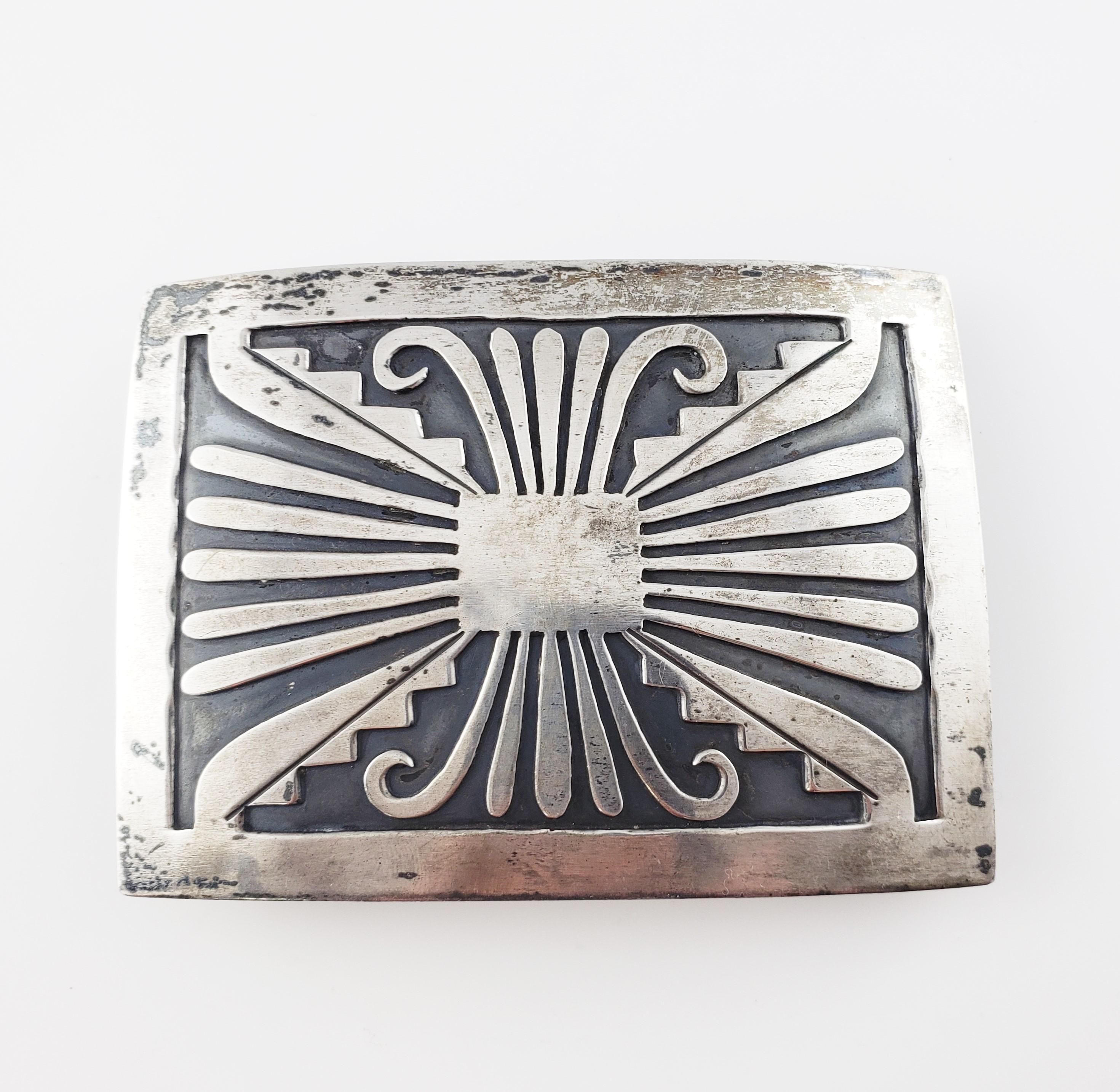 Native American Silver Overlay Large Belt Buckle 2