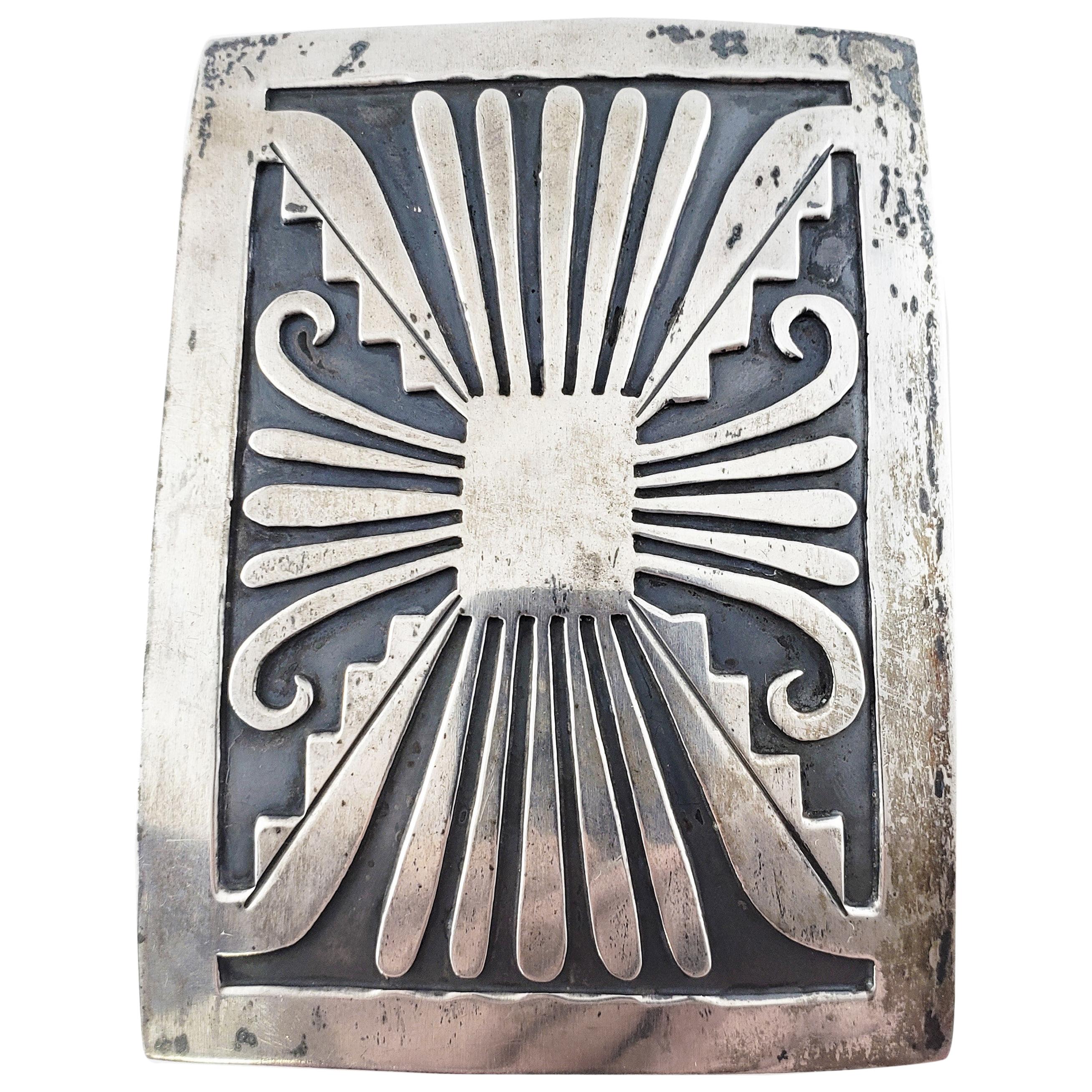 Native American Silver Overlay Large Belt Buckle