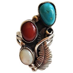 Bague en argent amérindienne turquoise et cornaline, 6,7 grammes