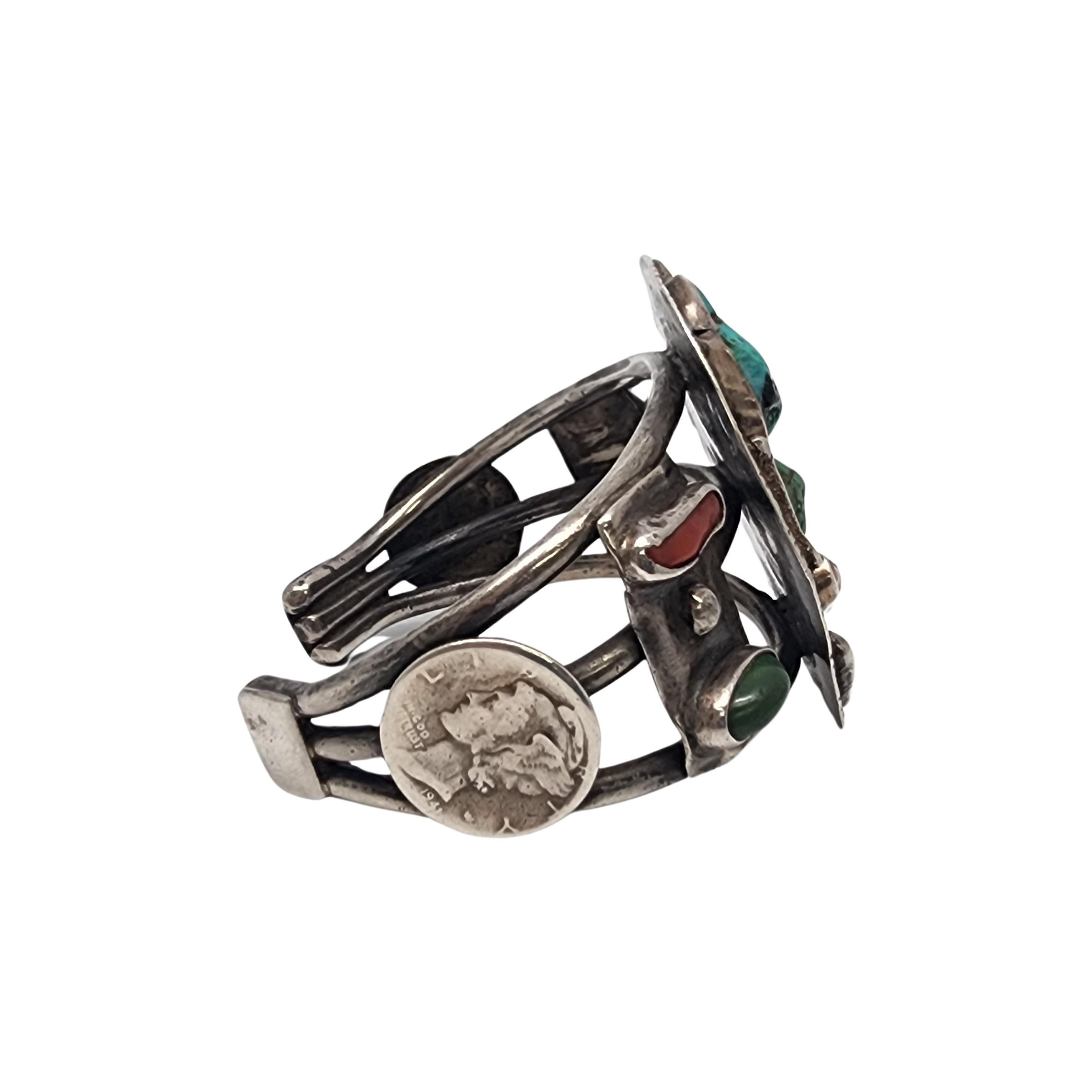 Mixed Cut Native American Silver Turquoise and Mercury Dime Cuff Bracelet #18187