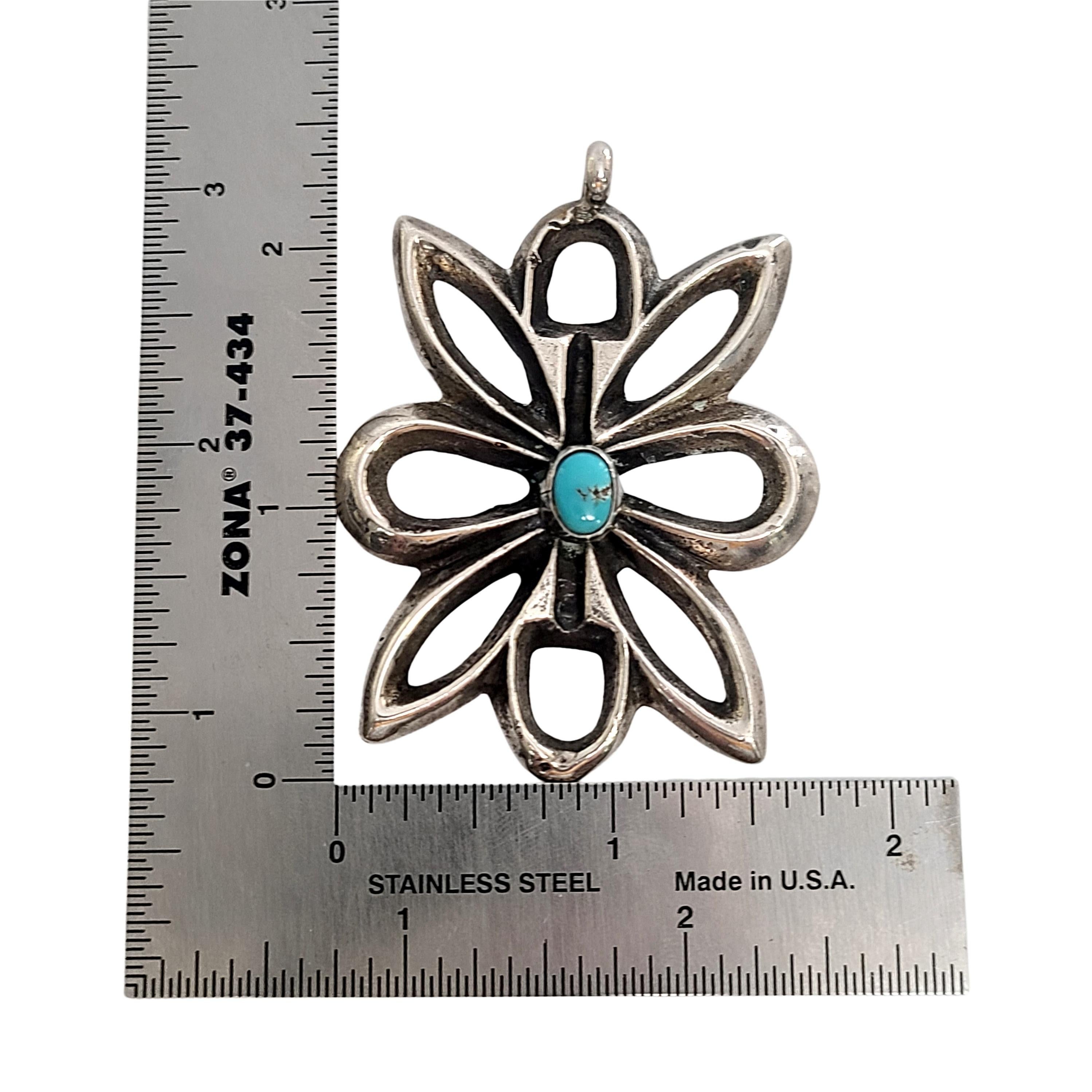 Native American Silver Turquoise Sand Cast Flower Pendant 1