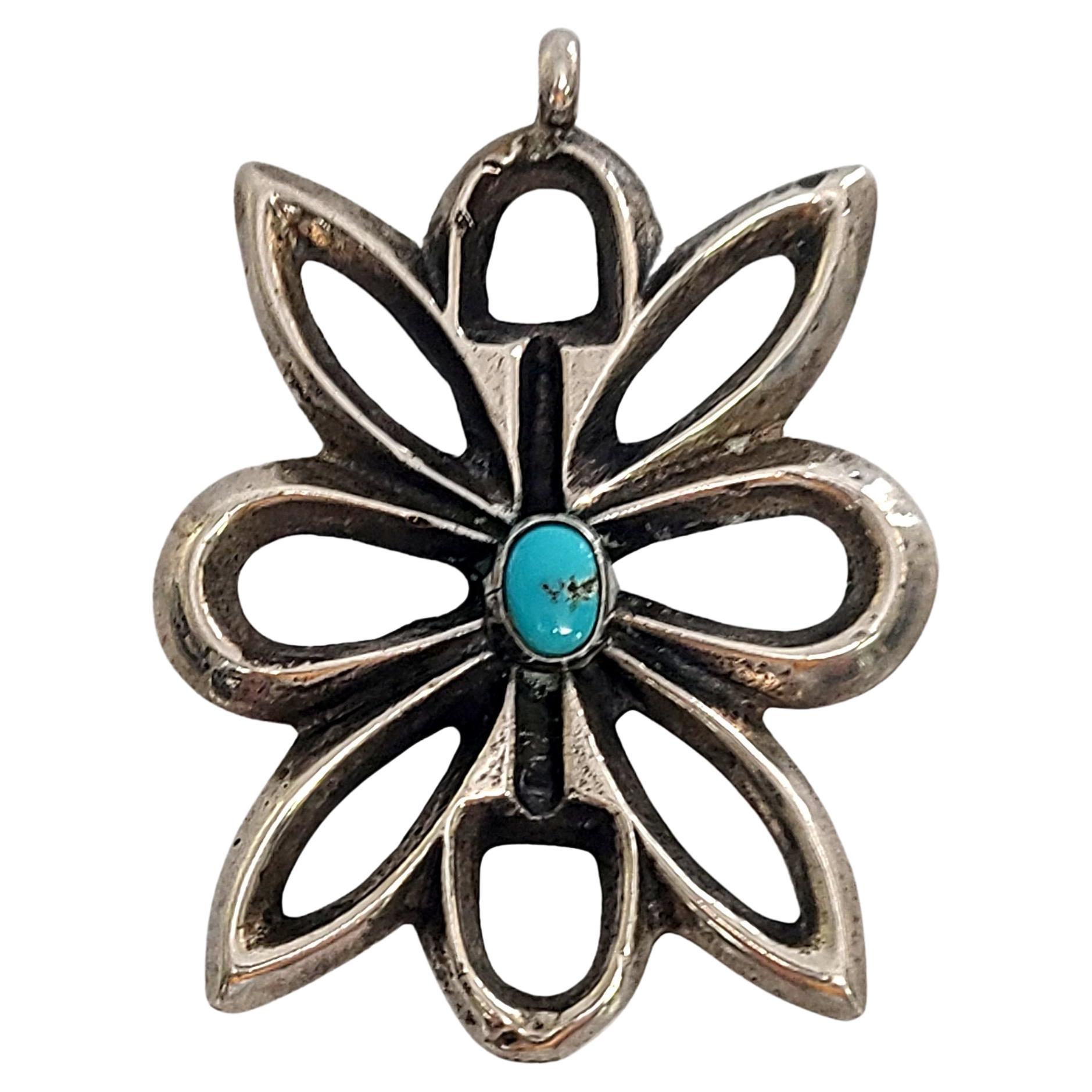 Native American Silver Turquoise Sand Cast Flower Pendant