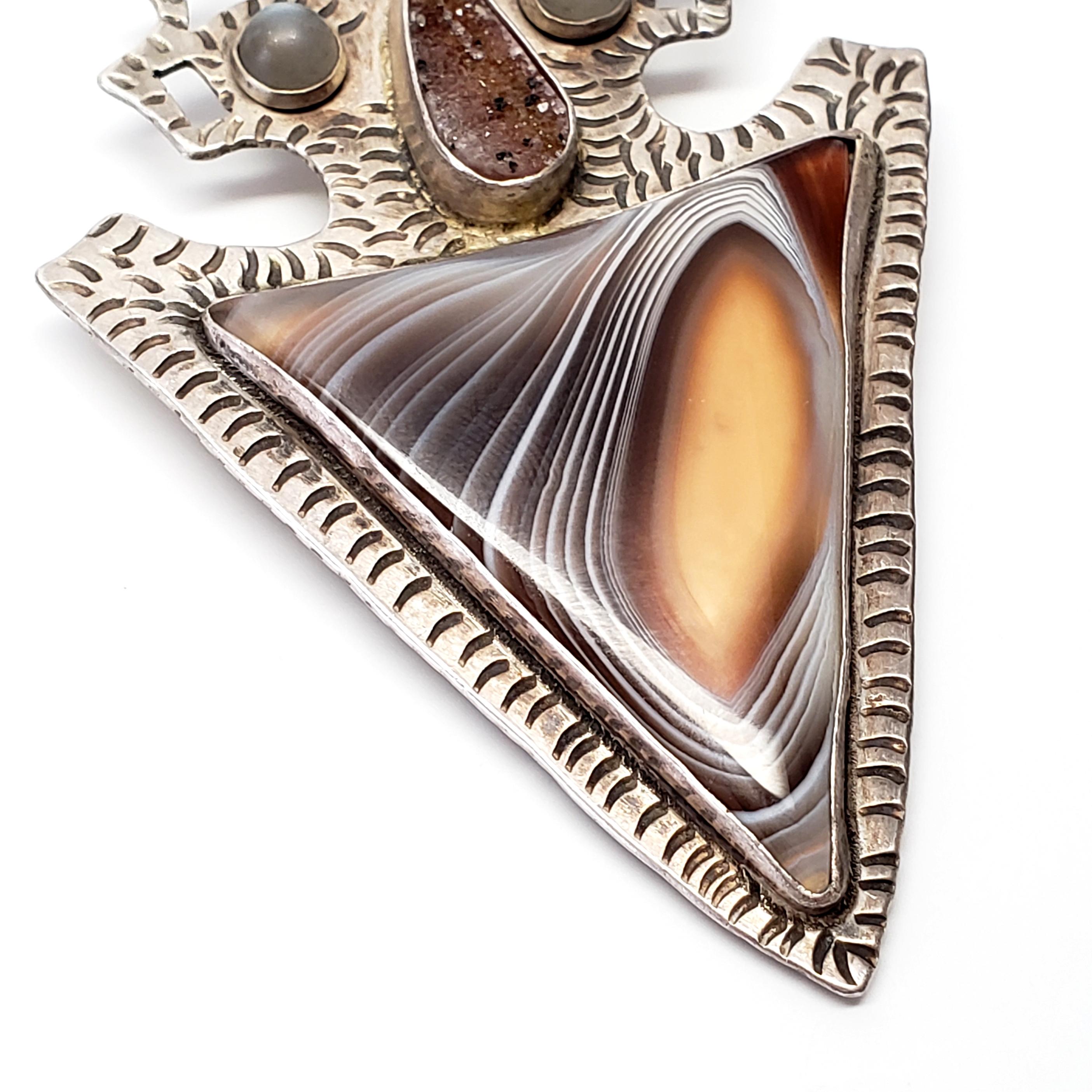 Native American Sterling Silver Banded Agate and Druzy Arrowhead Pin / Pendant 1