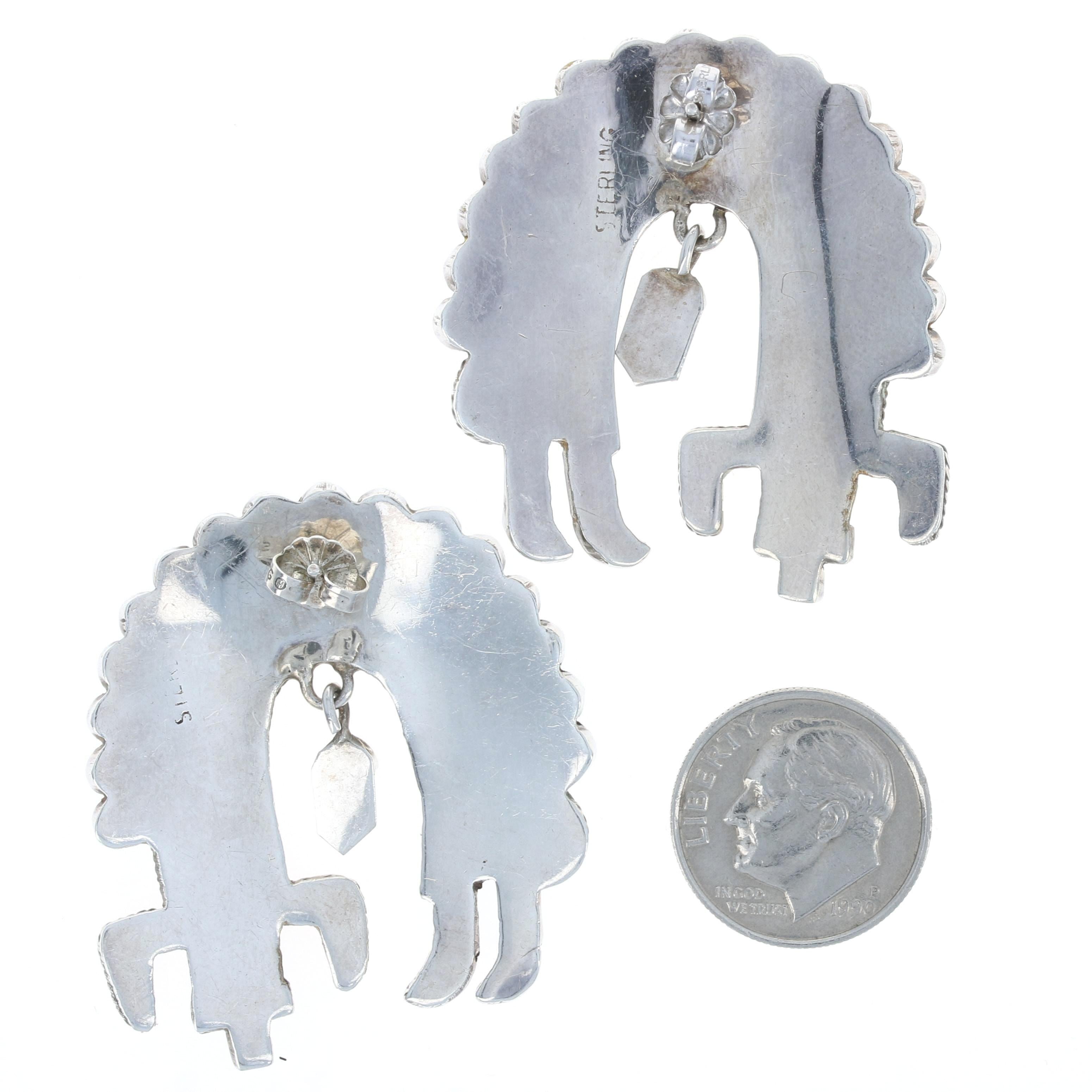 Mixed Cut Native American Sterling Rainbow Man Turquoise Jet Large Drop Earrings 925 Dance