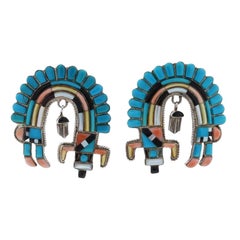 Native American Sterling Rainbow Man Turquoise Jet Large Drop Earrings 925 Dance