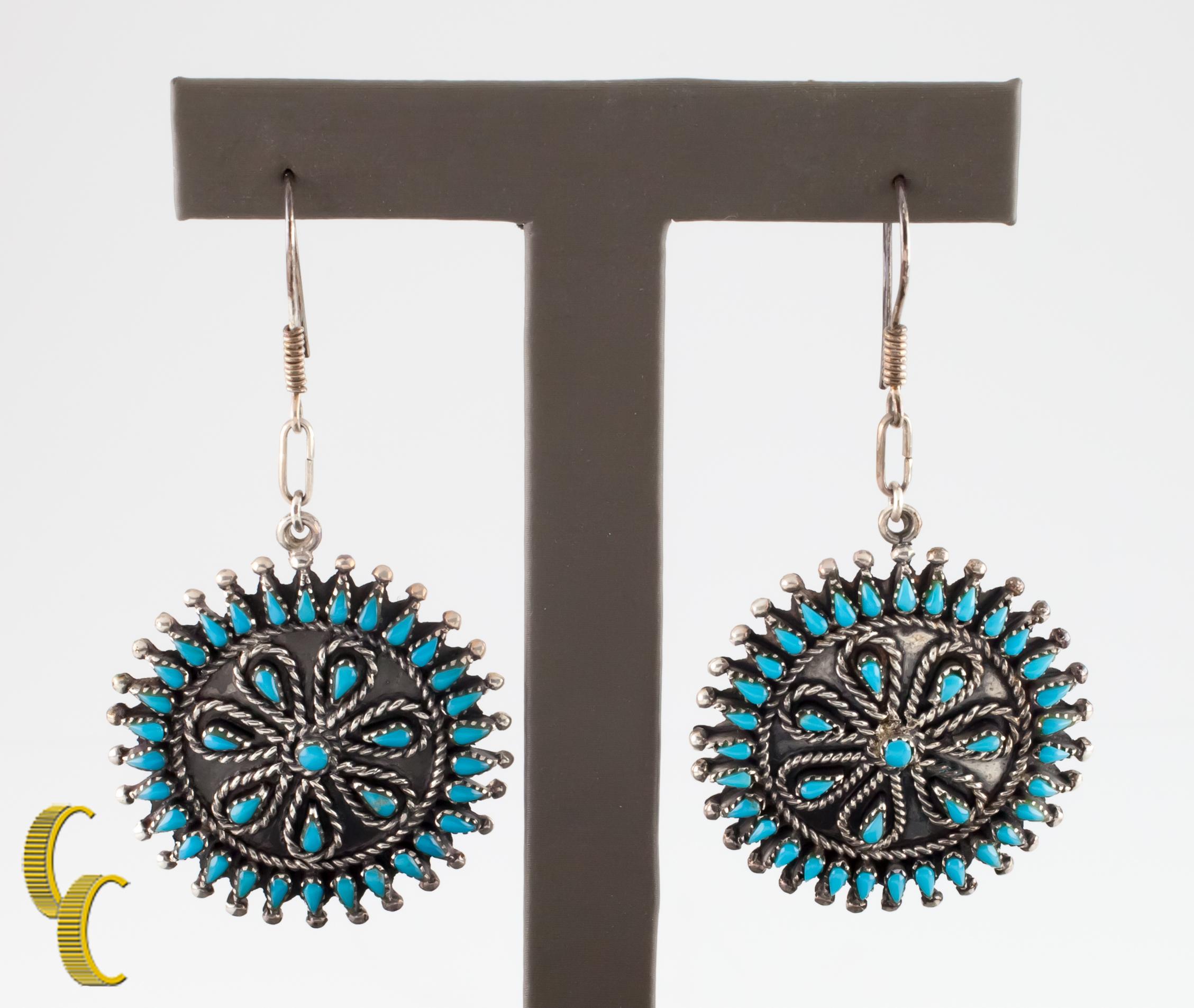 Cabochon Native American Sterling Silver and Turquoise Wheel Earrings For Sale