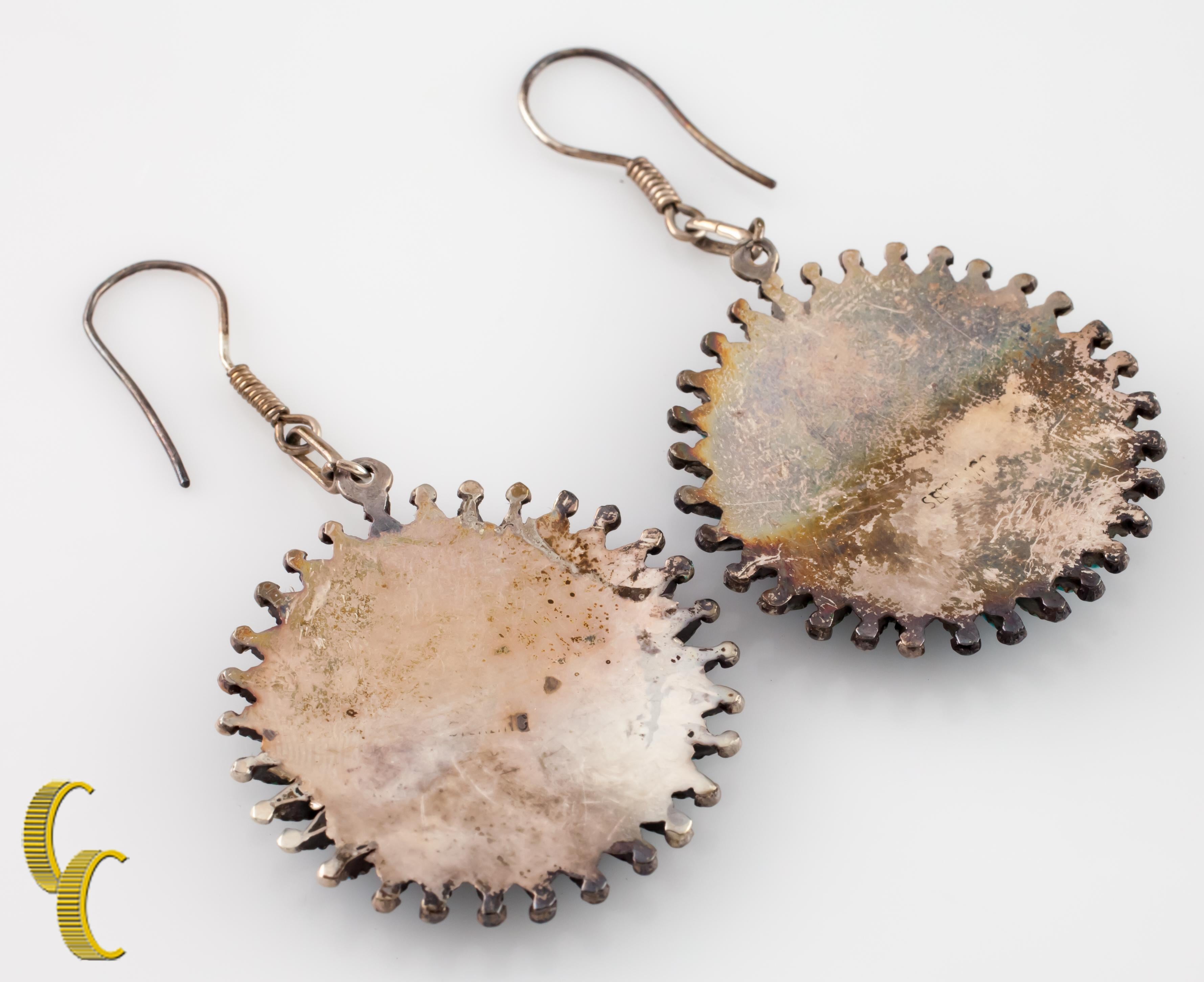 Native American Sterling Silver and Turquoise Wheel Earrings In Good Condition For Sale In Van Nuys, CA