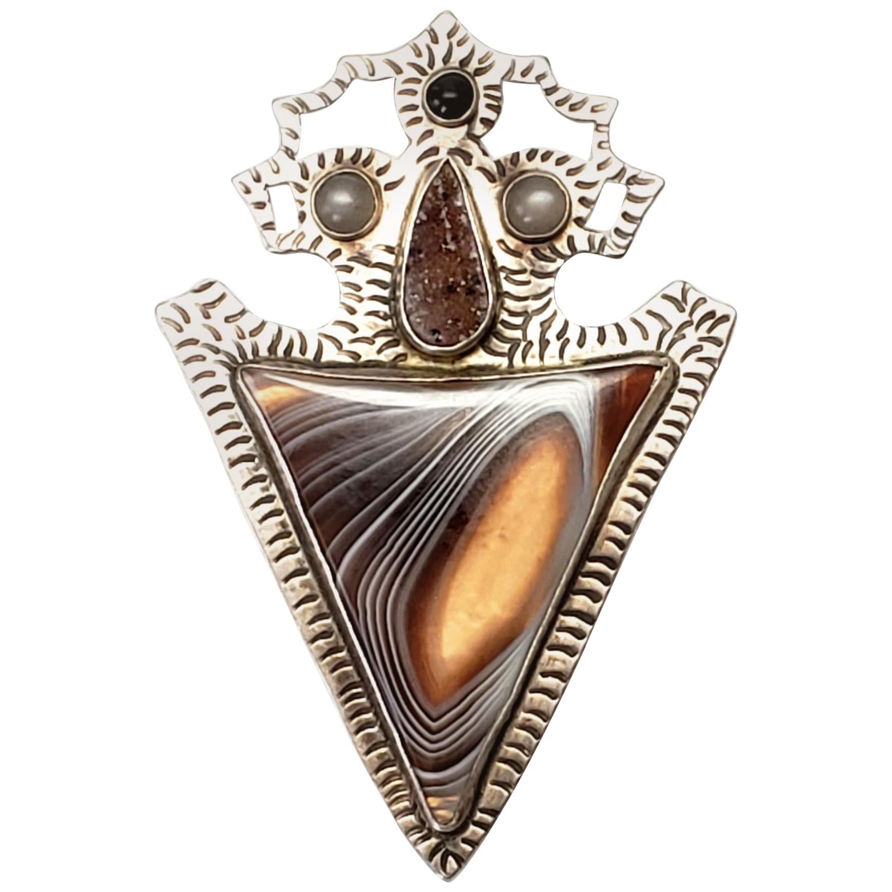 Native American Sterling Silver Banded Agate and Druzy Arrowhead Pin / Pendant