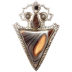 Vintage Native American Sterling Silver Banded Agate and Druzy Arrowhead Pin / Pendant