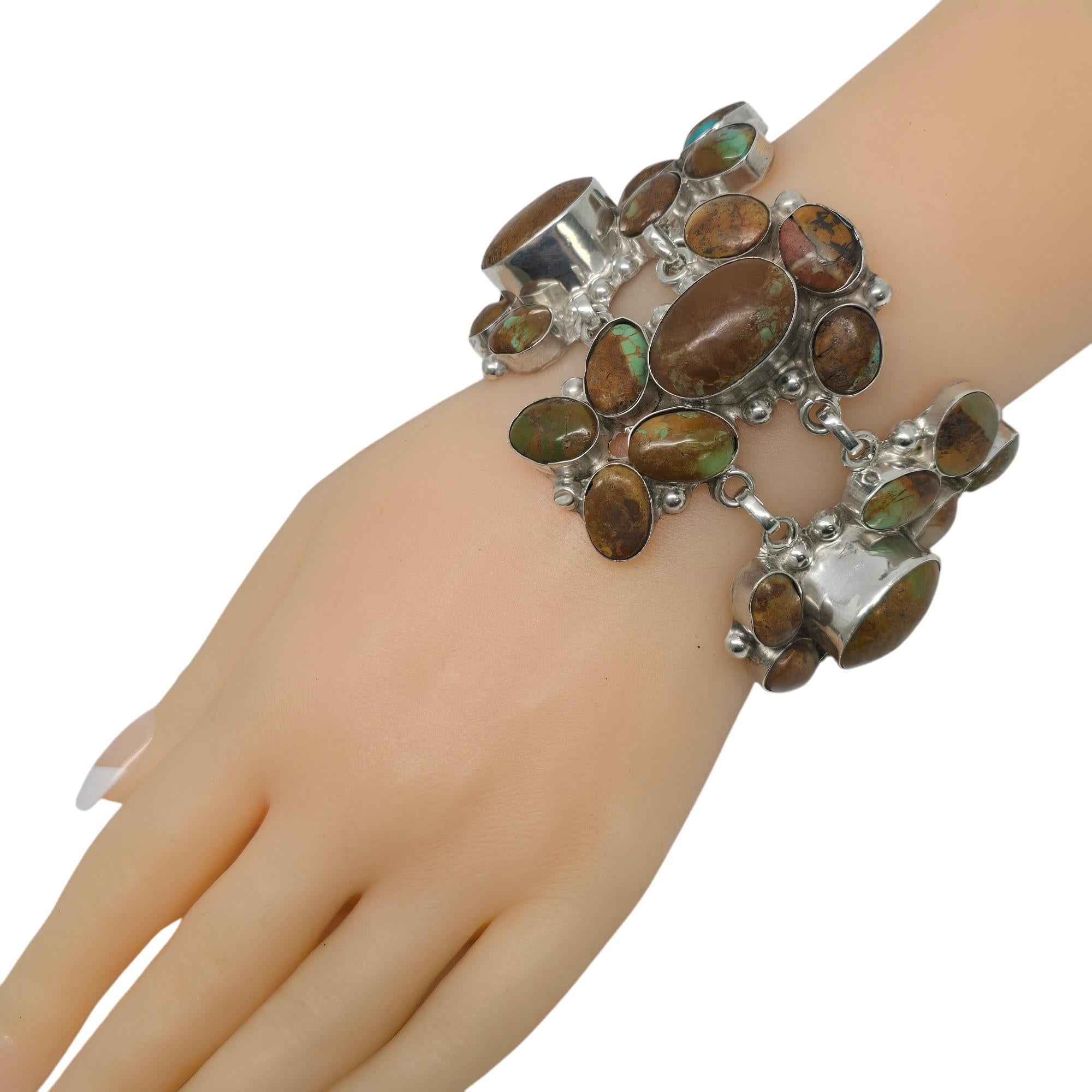 Bracciale Nativo Americano in Argento Sterling Marrone con Turchese Largo a Grappolo 19773 in vendita 5