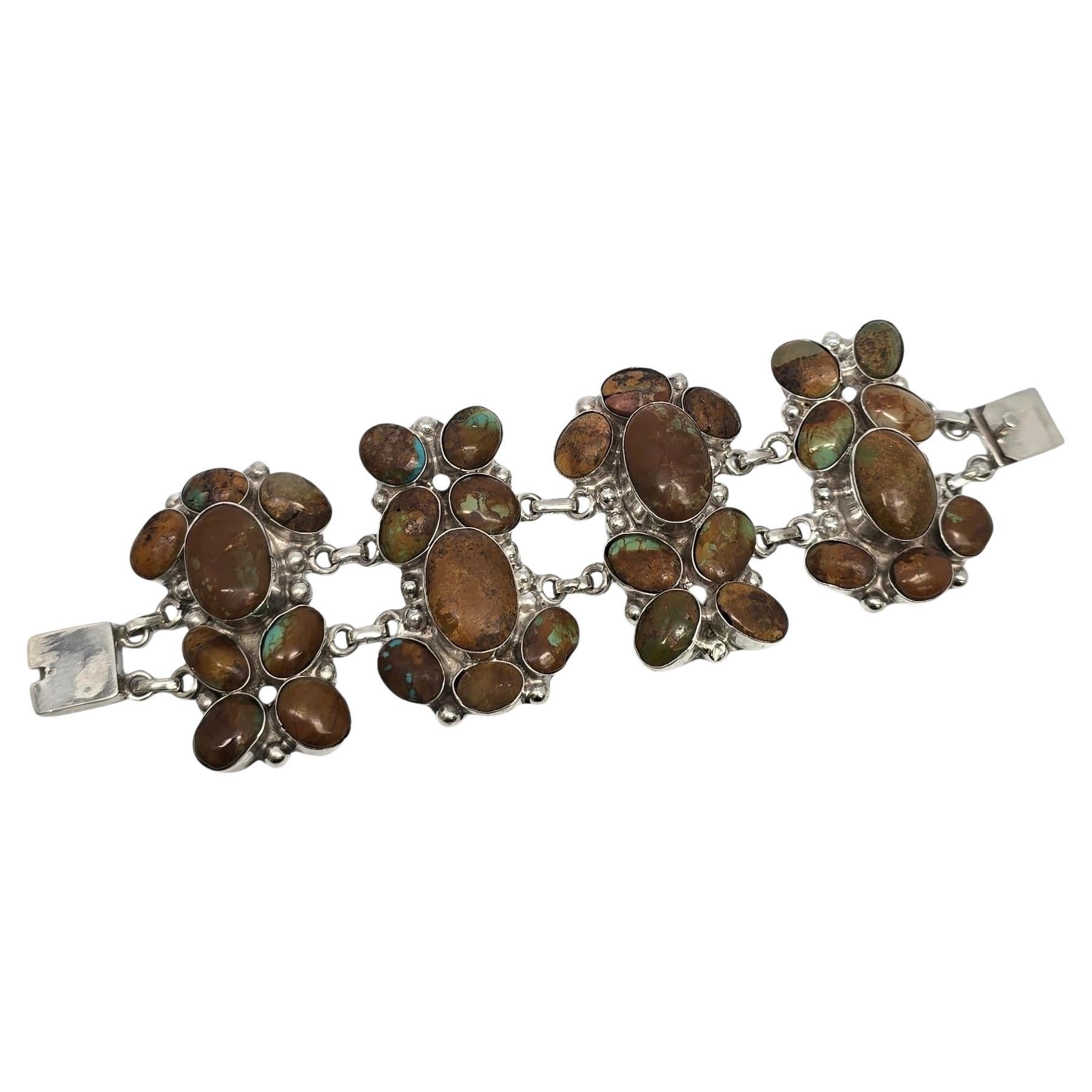 Bracciale Nativo Americano in Argento Sterling Marrone con Turchese Largo a Grappolo 19773