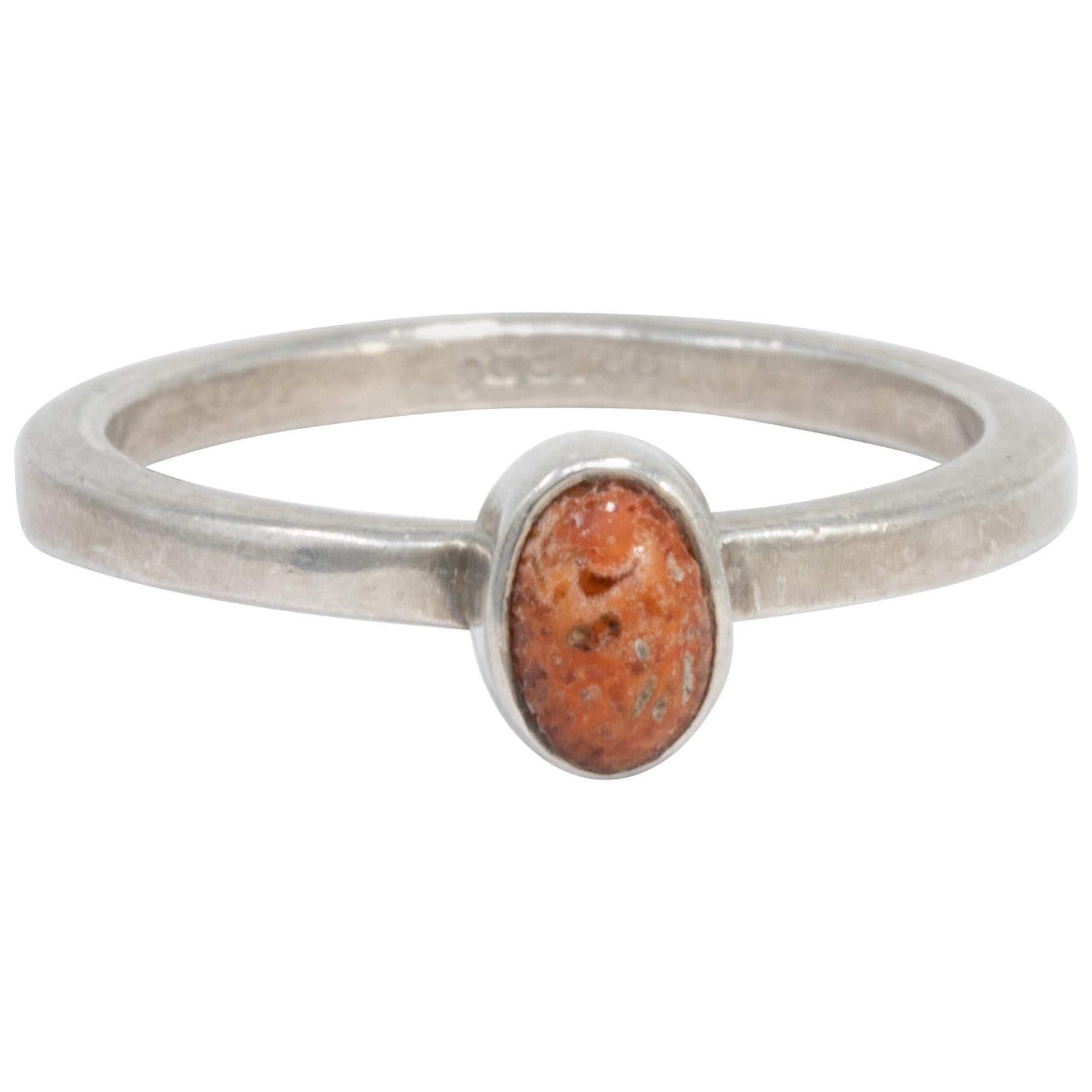 Native American Sterling Silver Coral Cabochon Ring, Mid 1900s For Sale