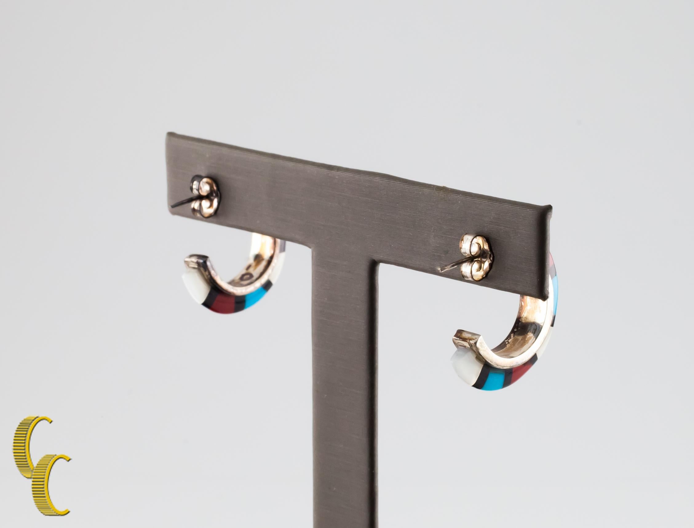 Cabochon Native American Sterling Silver Crescent Earrings with Coral, MoP and Turquoise For Sale