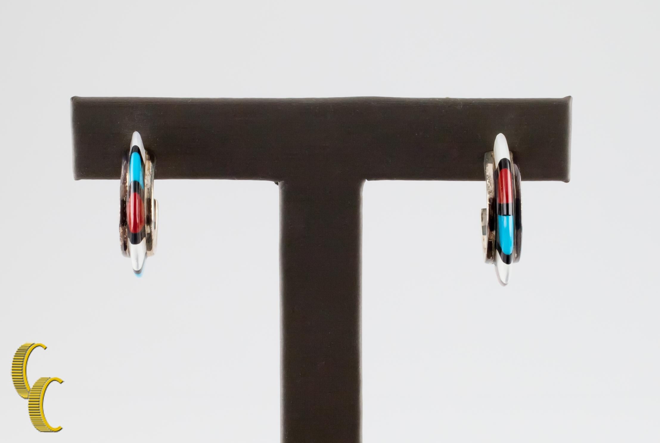 Native American Sterling Silver Crescent Earrings with Coral, MoP and Turquoise In Good Condition For Sale In Van Nuys, CA