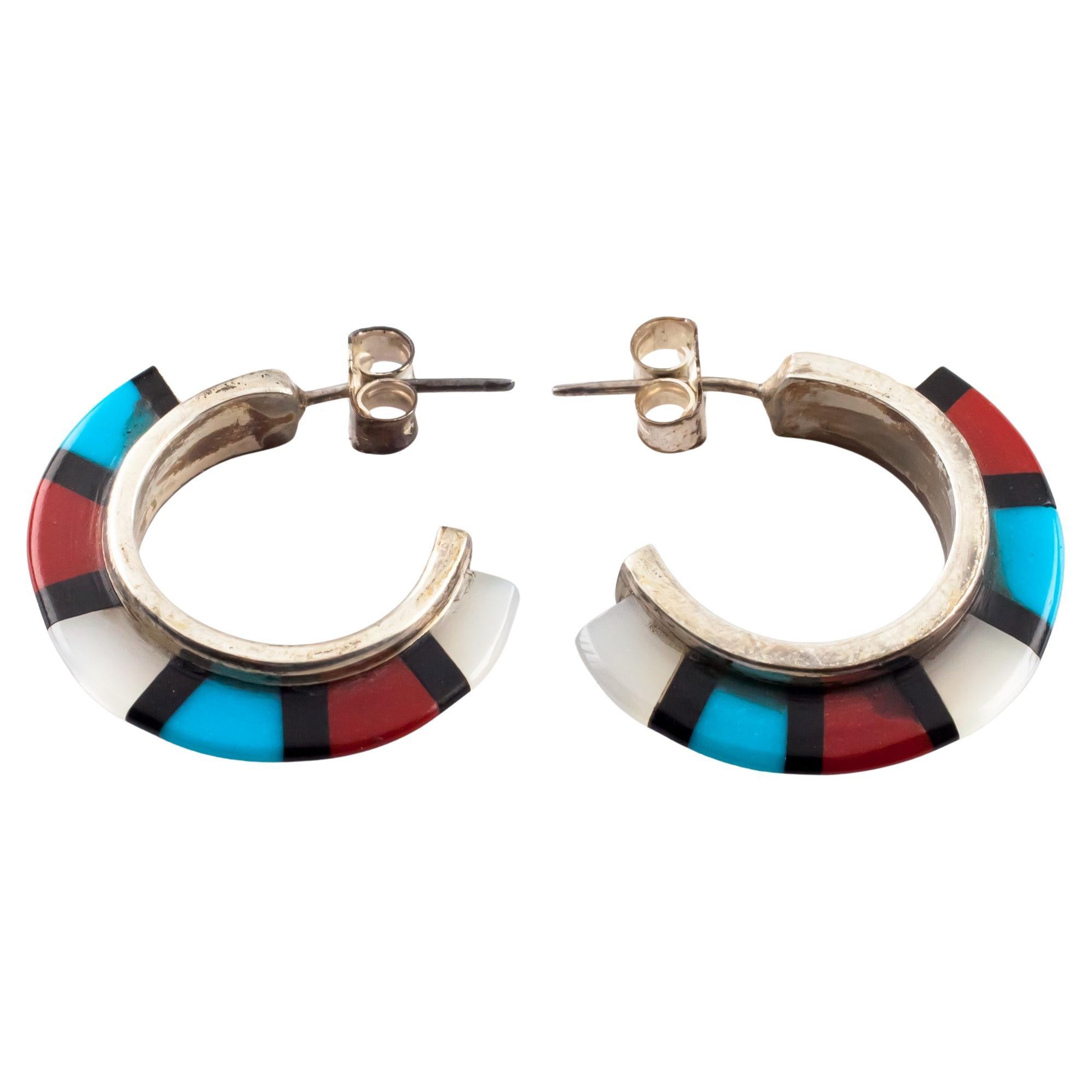 Native American Sterling Silver Crescent Earrings with Coral, MoP and Turquoise